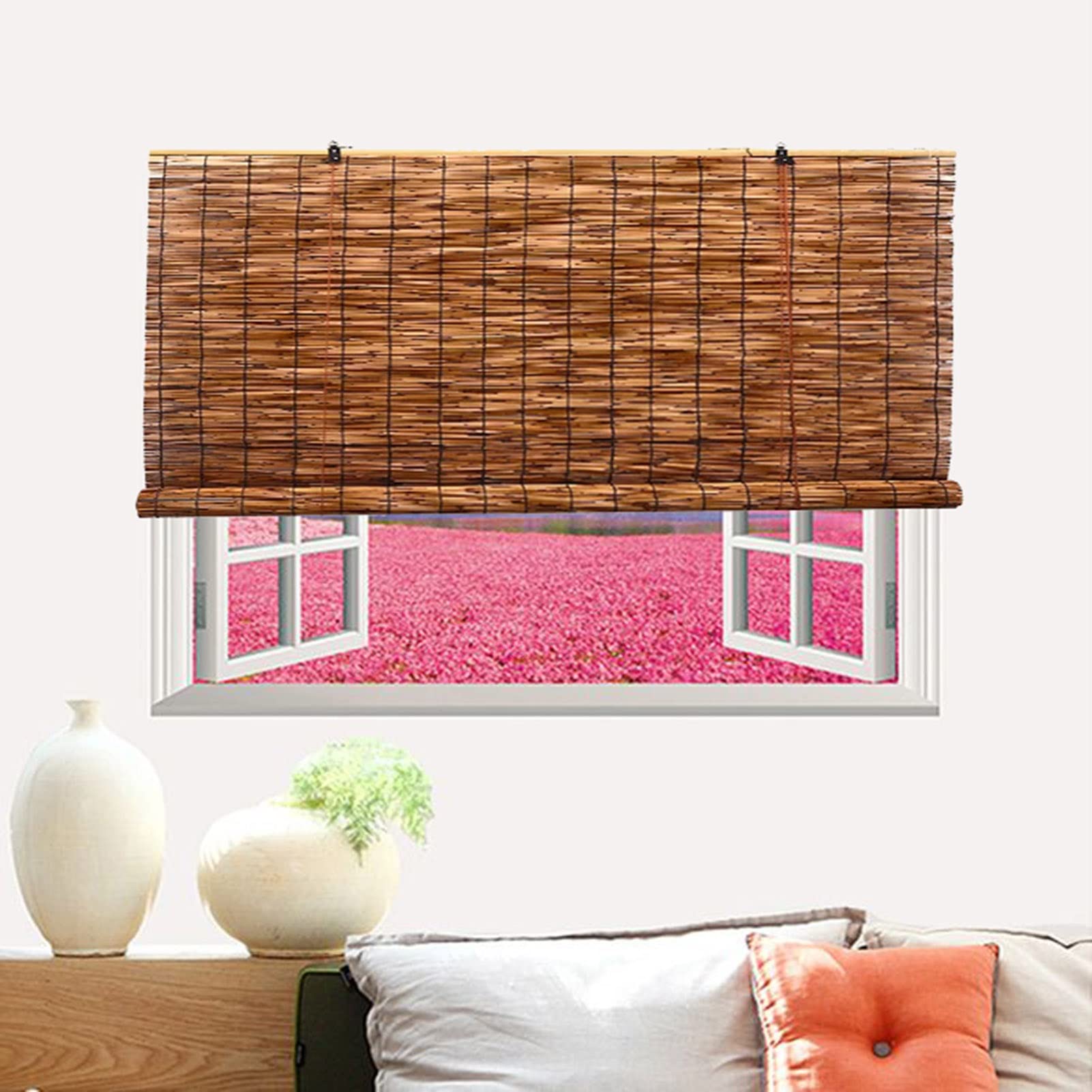 Naturalne Bamboe Rolgordijn, Riet Roman Rolety dla Binnen/Buiten/Tuin/Ramen, Drewniana Zasłona Okienna, Carbonized Color (Size : WxH60x160cm(24x63inch))