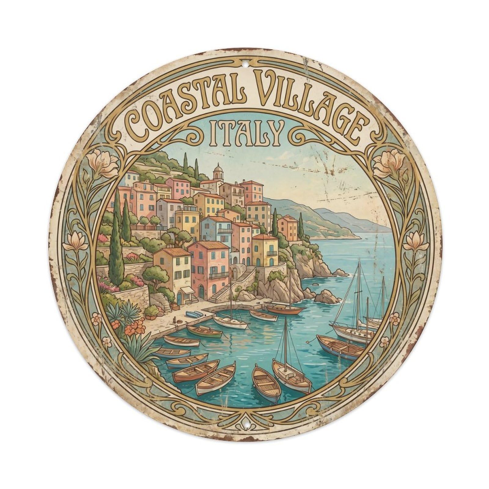 Vintage Travel Coastal Village Italy Harbor Metal Tin Sign Plaque Wall Decor for Cafe, Club, Garden Round Metal Poster 8x8Inch