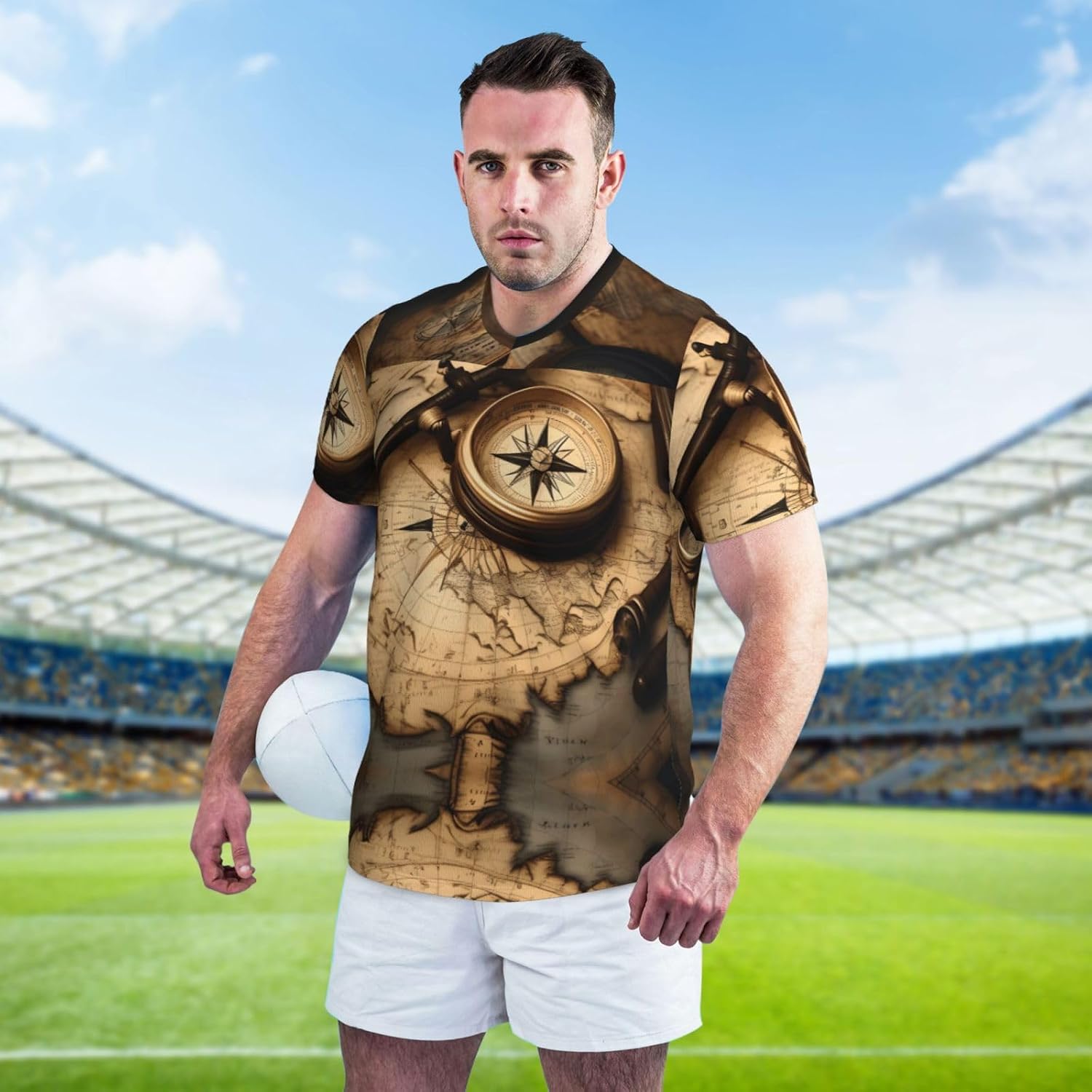 Compass and Old World Map Rugby Football Jersey for Men, Comfortable V-Neck Loose Fit Top for Team Sports Athletics