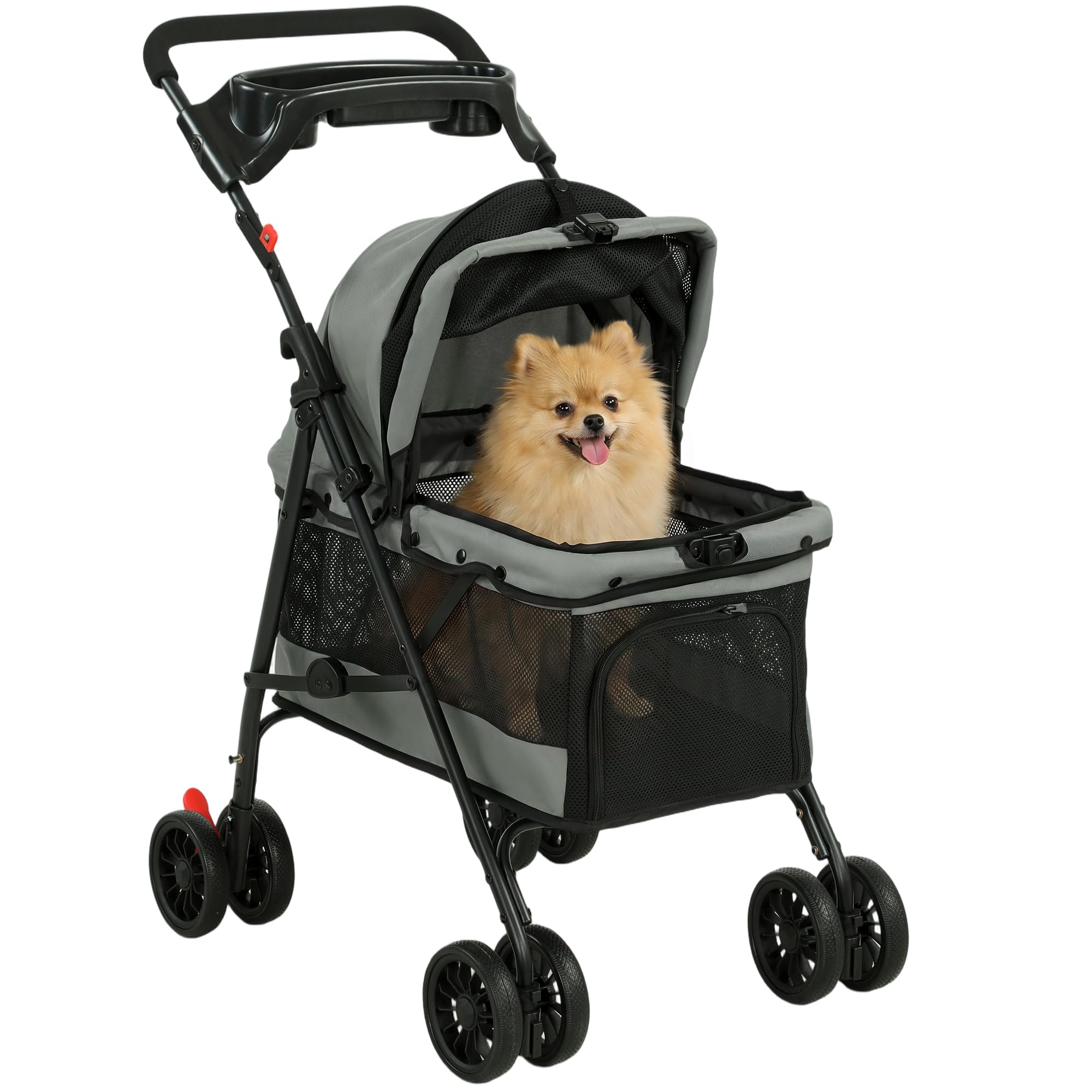 PawHut Poussette pour Chien avec 4 Roues EVA, Chariot Pliable avec Fenêtres en Maille, Frein, Laisses de Sécurité, Coussin Amovible, Plateau de Rangement, Porte-Gobelet, pour Petits Chiens, Gris