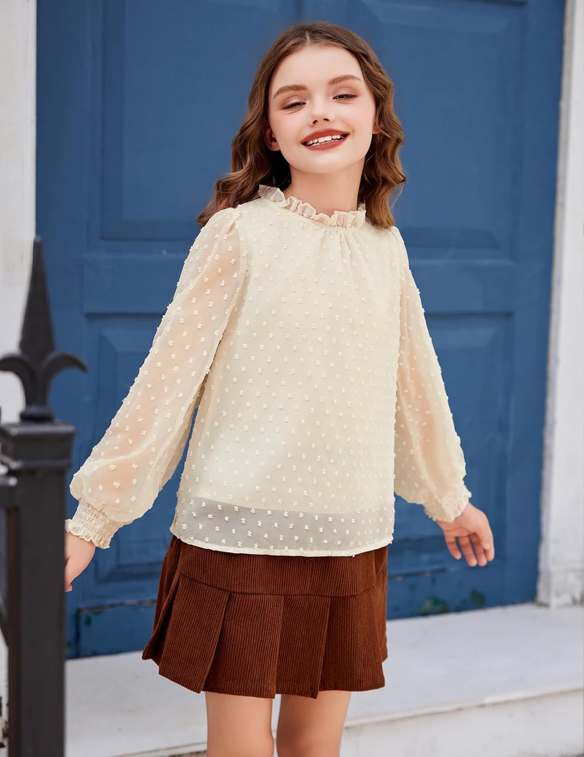 Arshiner Girls Long Sleeve Shirts Chiffon Blouses Swiss Dot Frill Neck Casual Loose Cute Top Tee - Image 4