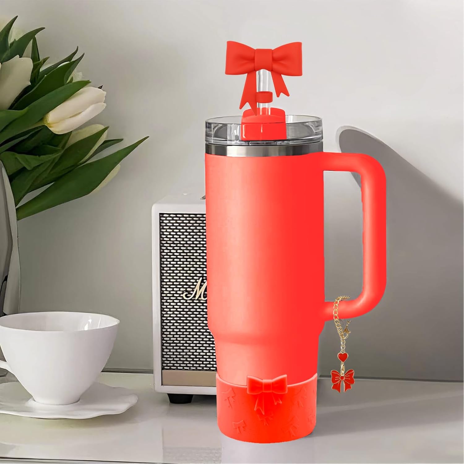 Cup Accessories Set for Stanley,Including 2Pcs Cute Bow Straw Cover Caps 10mm Reusable Straw Toppers,1Pcs Silicone Boot Sleeve and 1Pcs Handle Charm for Stanley Tumbler 30&40oz,Red