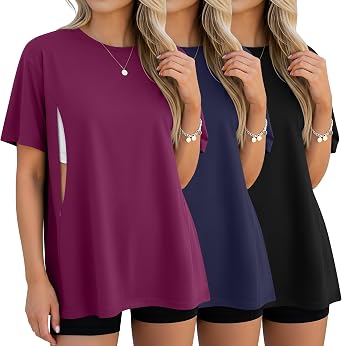 3 Pack Womens Oversize Nursing Tops | Postpartum Hidden Zippers Shirts, Crew Neck Short Sleeve Tees, Easy Breastfeeding, Daily Wear Outfits, for Mom After Birth