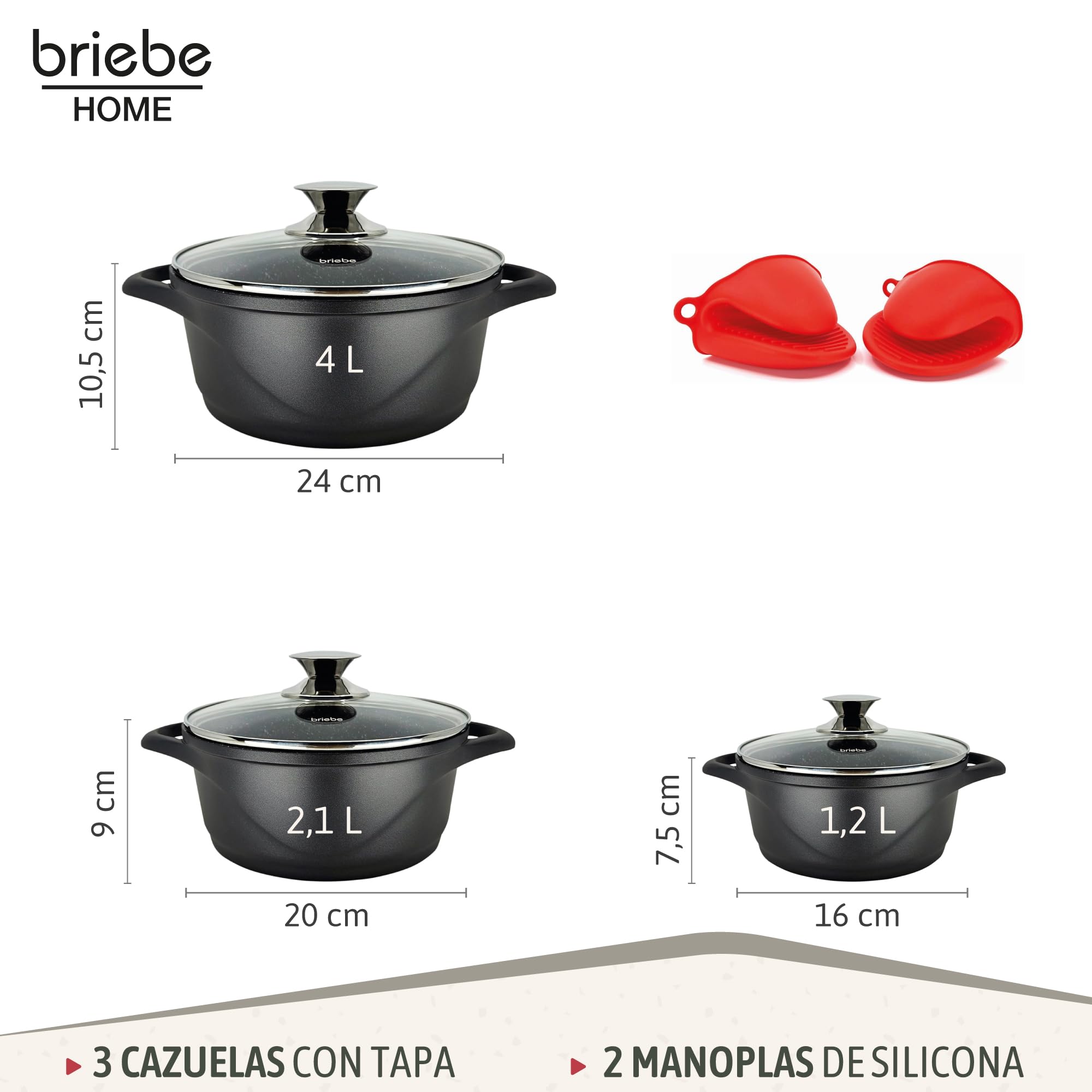 briebe Batería Cocina Inducción 6 Piezas, Juego 3 Ollas Aluminio Fundido, Antiadherente ILAG GRANITEC sin PFOA, Set Cazuelas Tapas Cristal, Guantes Silicona, Vitrocerámica, Gas, Horno, MGK-18