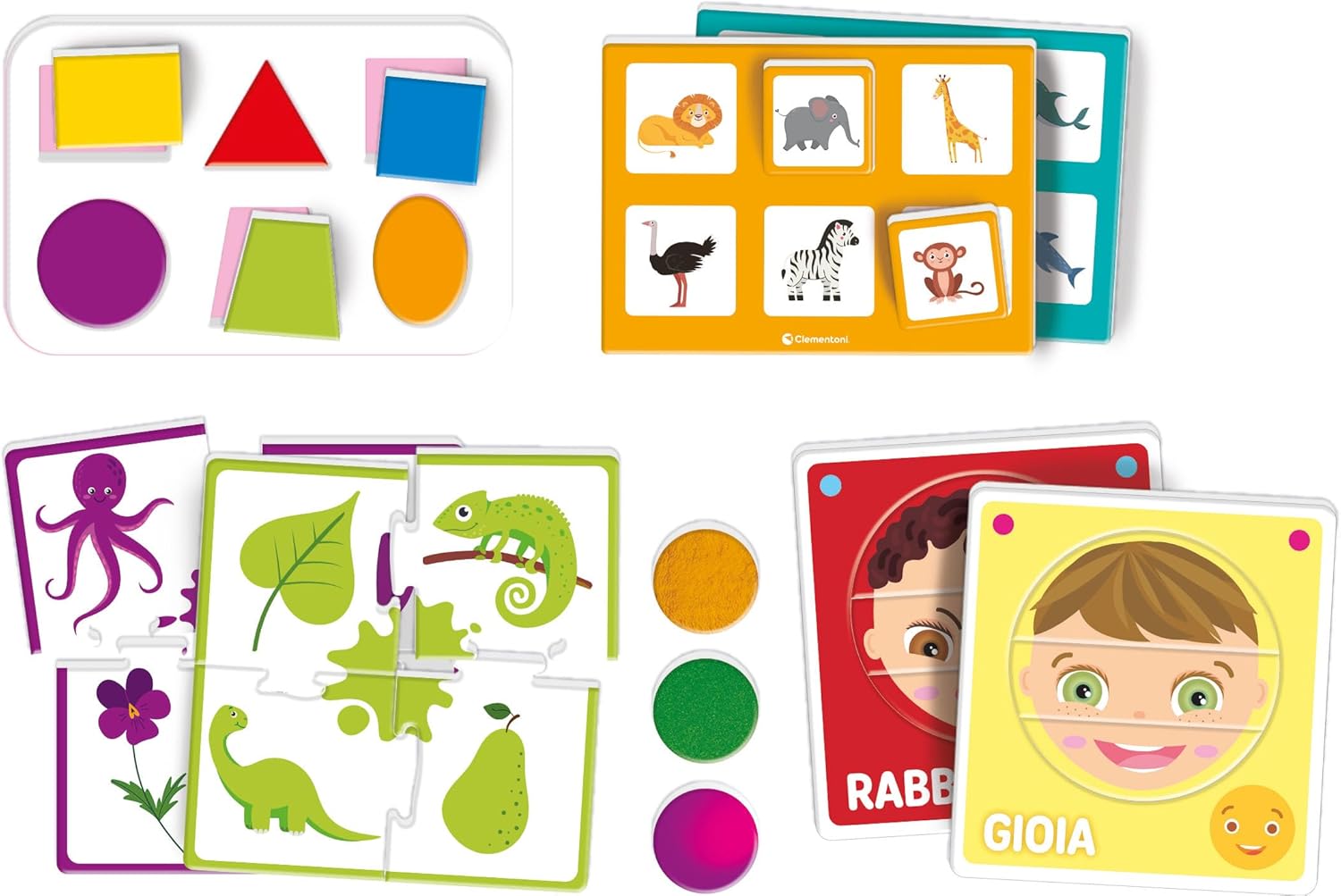 Clementoni Sapientino Montessori - First Discoveries - Shaped Tiles and Illustrated Cards, Montessori Educational Game 1 Year, Early Childhood Learning, Learning Animal Shapes, Made in Italy, 16469