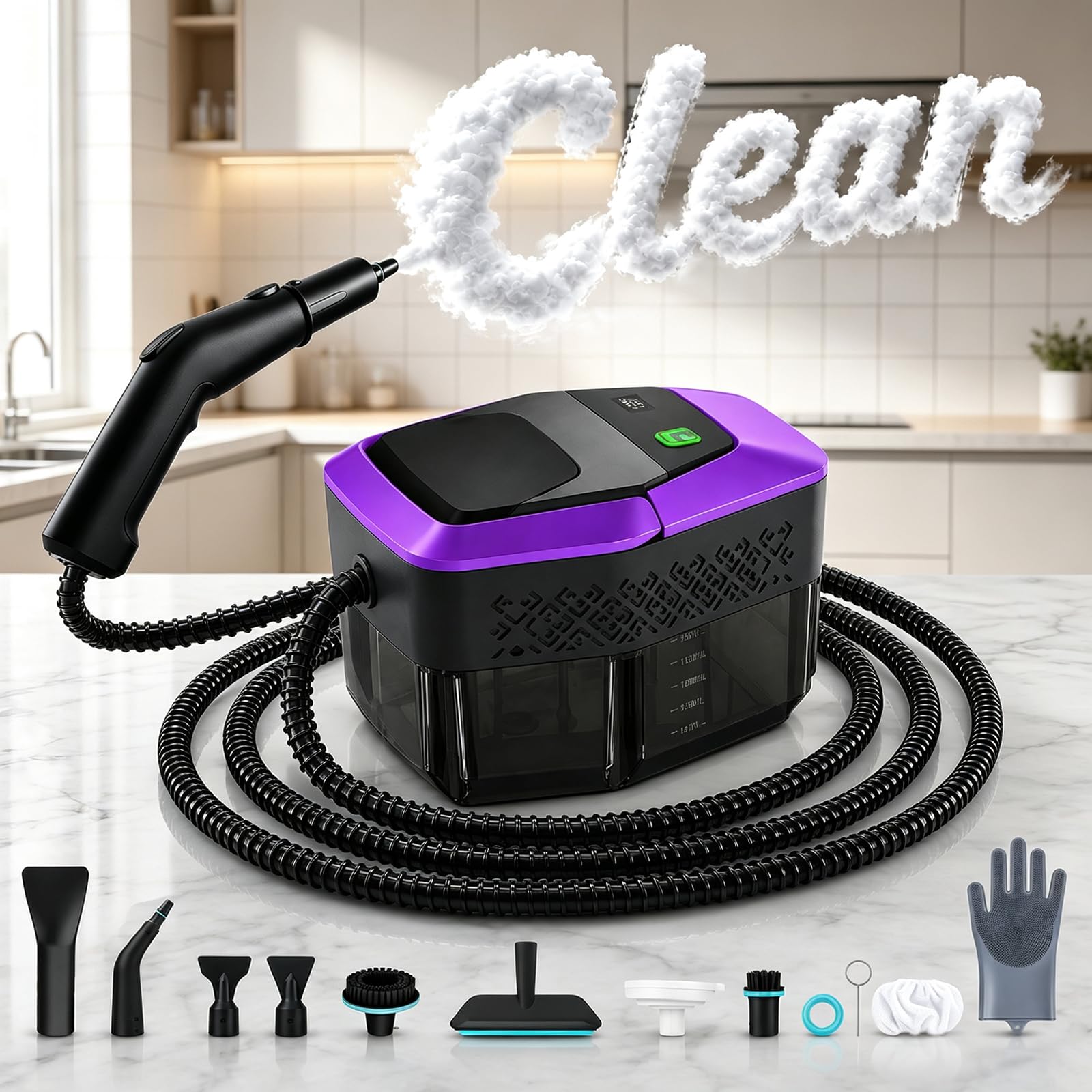 2500W Nettoyeur à Vapeur,4 Bars,Chauffe en 10 s, Vapeur à 145°C pour Désinfection, Réservoir 1.8L 12 Accessoires Inclus 3 Niveaux de Puissance pour Voiture Canapé Sol Salle de Bain Carrelage