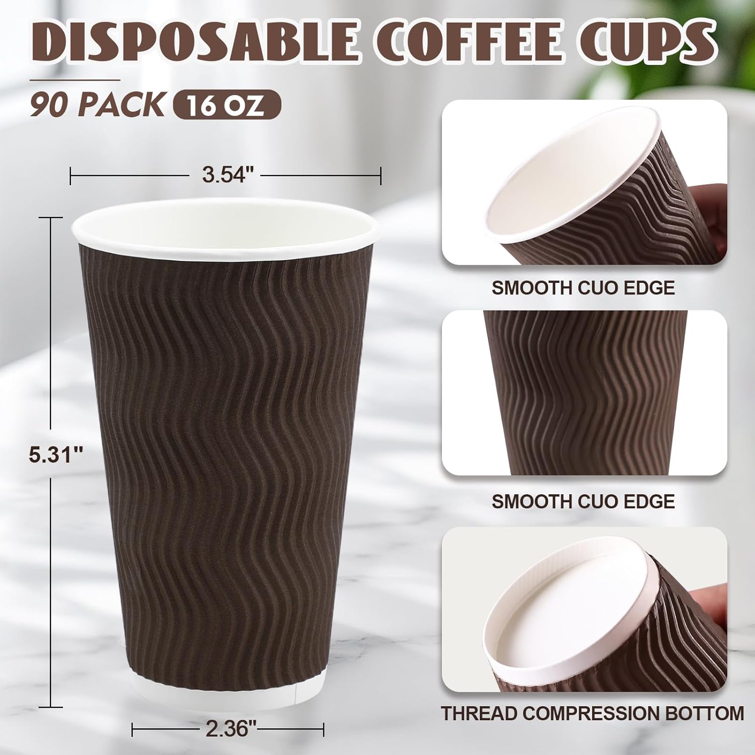 16 oz Coffee Cups Disposable, 90 Count Insulated Paper Coffee Cups, Corrugated Ripple Wall Design Paper Cup, Hot Cold Drinking Cup for Party, Picnic, Travel, Business, Home - Image 2