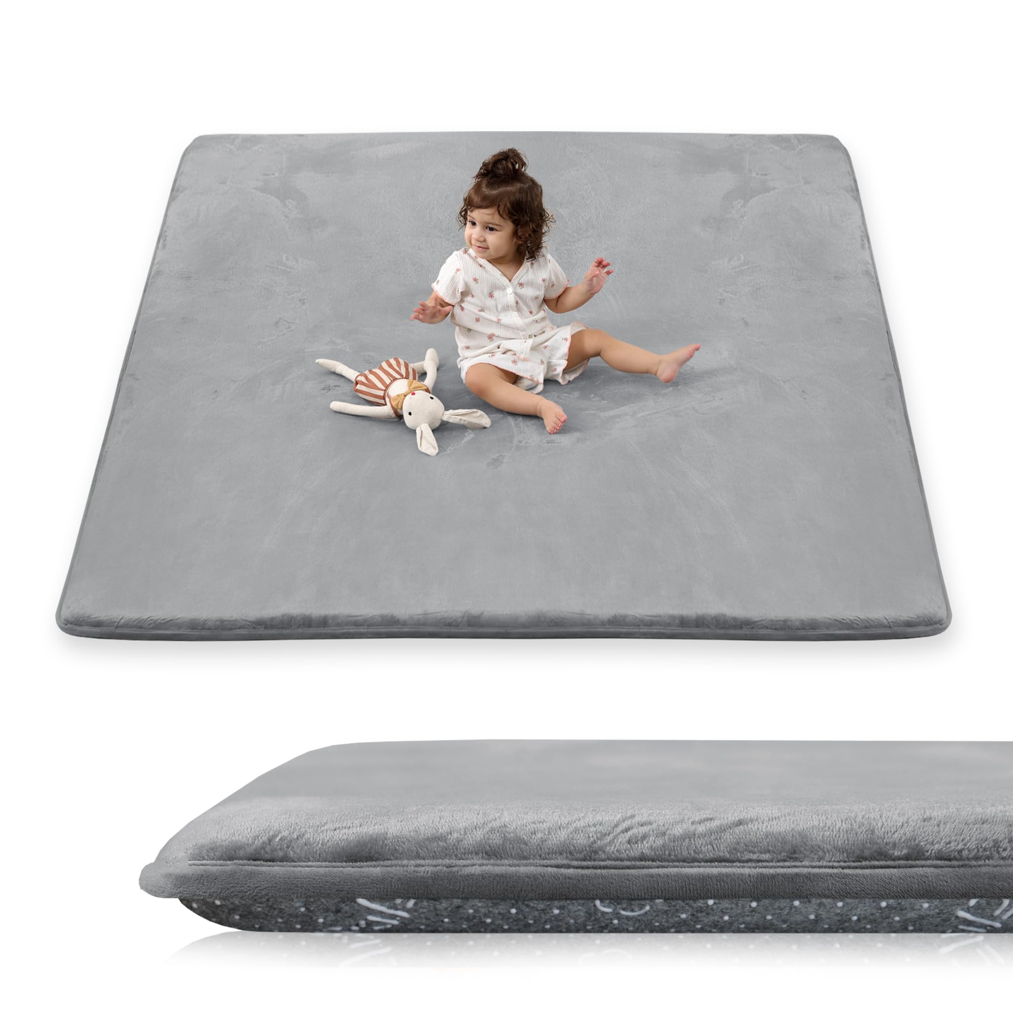 similar 1.5\" thick baby play mat for floor, 50x50 playpen mat, pro soft flannel foam mats toddler infant kids crawling for nursery rug playroom living room waterproof easy care non-slip (dark grey)
