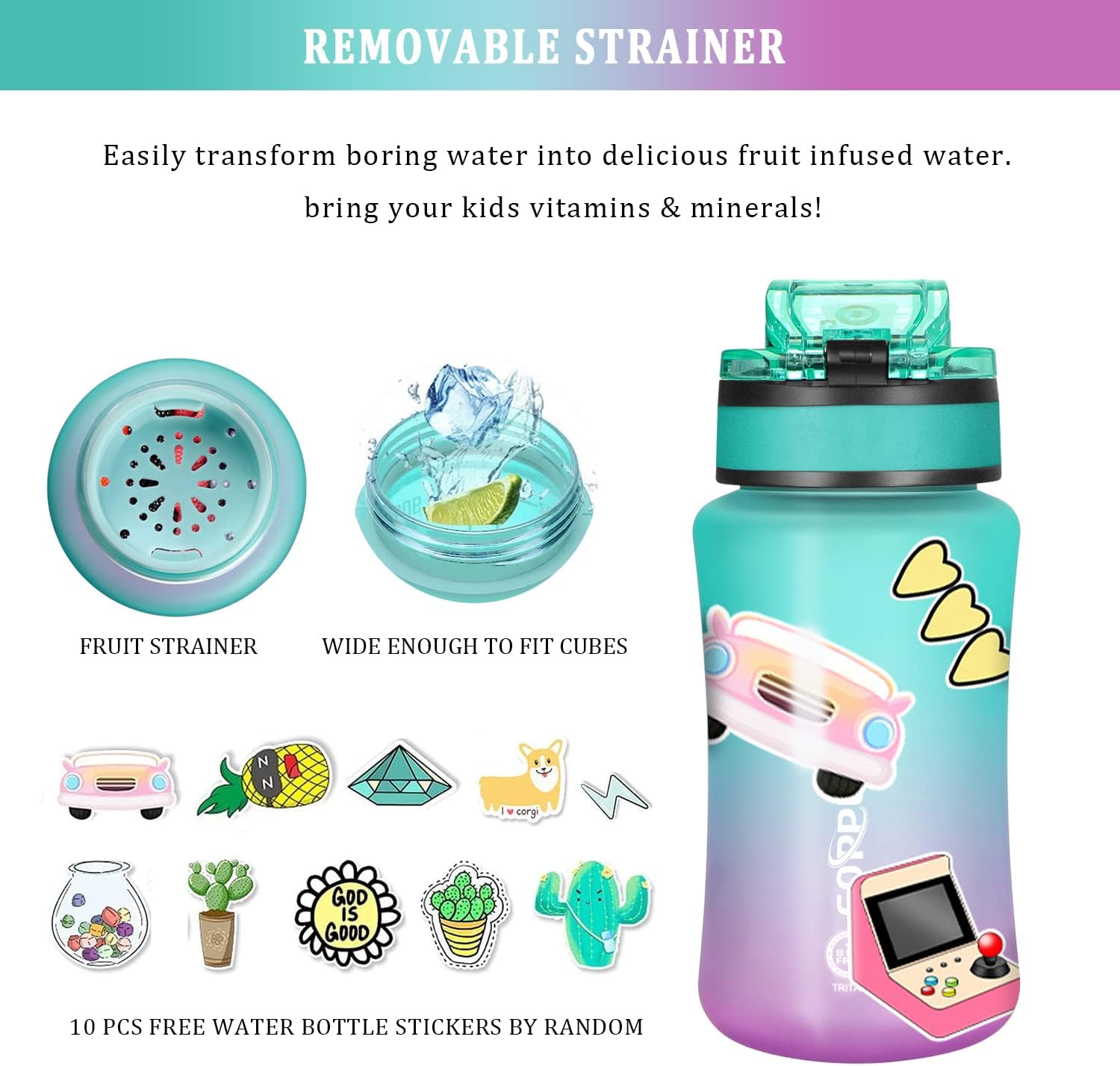 GOPPUS 350ml/12oz Kids Water Bottle With Straw Tritan Drinks Bottle with Strap Small Toddler Juice Bottles with Flip Top Lid Leakproof Children's Cup with Time Marking BPA free Girl Boy (Green Purple) - Image 4