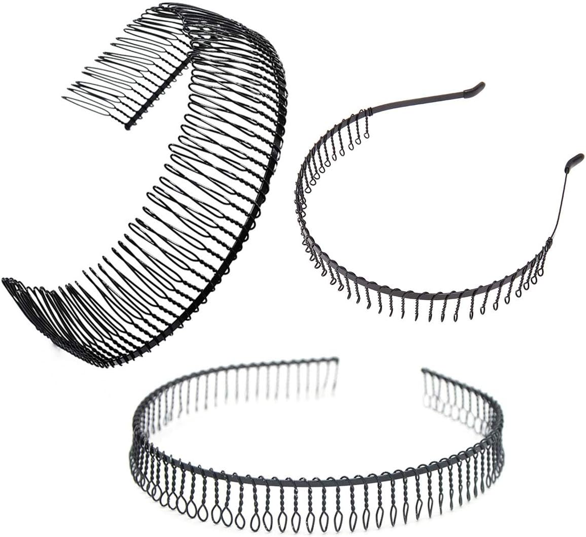 3 Pcs Unisex Black Metal Toothed Hairdressing Hair Band Head Band Hair Hoop Teeth Comb Headwear Elastic Non Slip Accessory for Women and Men