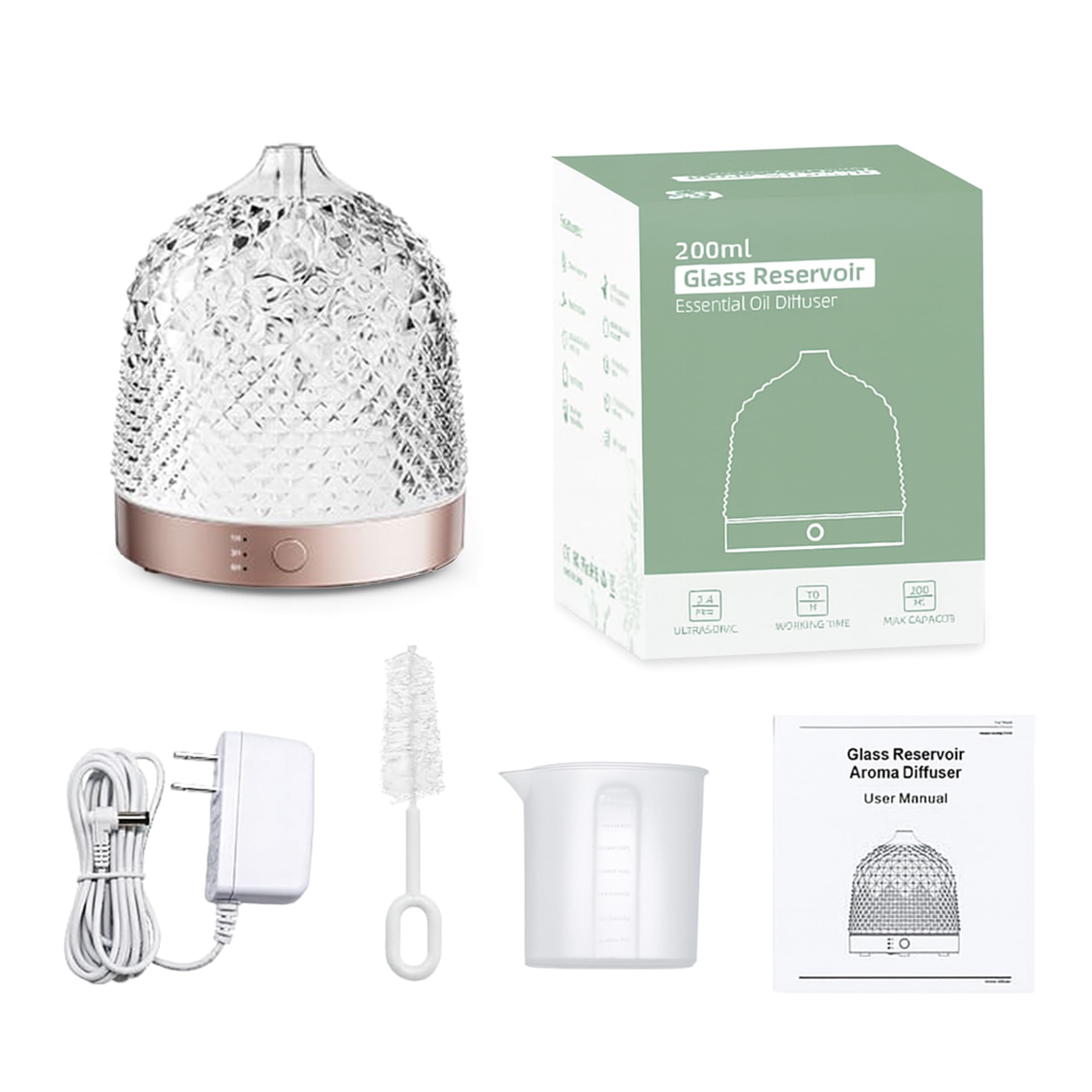 ALMA Difusor y humidificador de aceites Esenciales con depósito de Cristal de 200 ml - aromaterapia Elegante con Vidrio, iluminación LED de Ambiente, 10 Horas de Niebla tranquilizadora (Gold Rose)