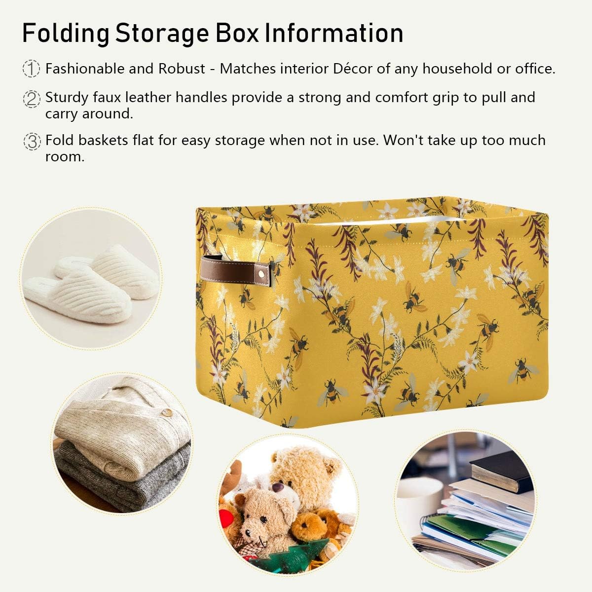 Storage Basket Cube Spring Honey Bee Flower Large Collapsible Toys Storage Box Bin Laundry Organizer for Closet Shelf Nursery Kids Bedroom,15x11x9.5 in,2 Pack