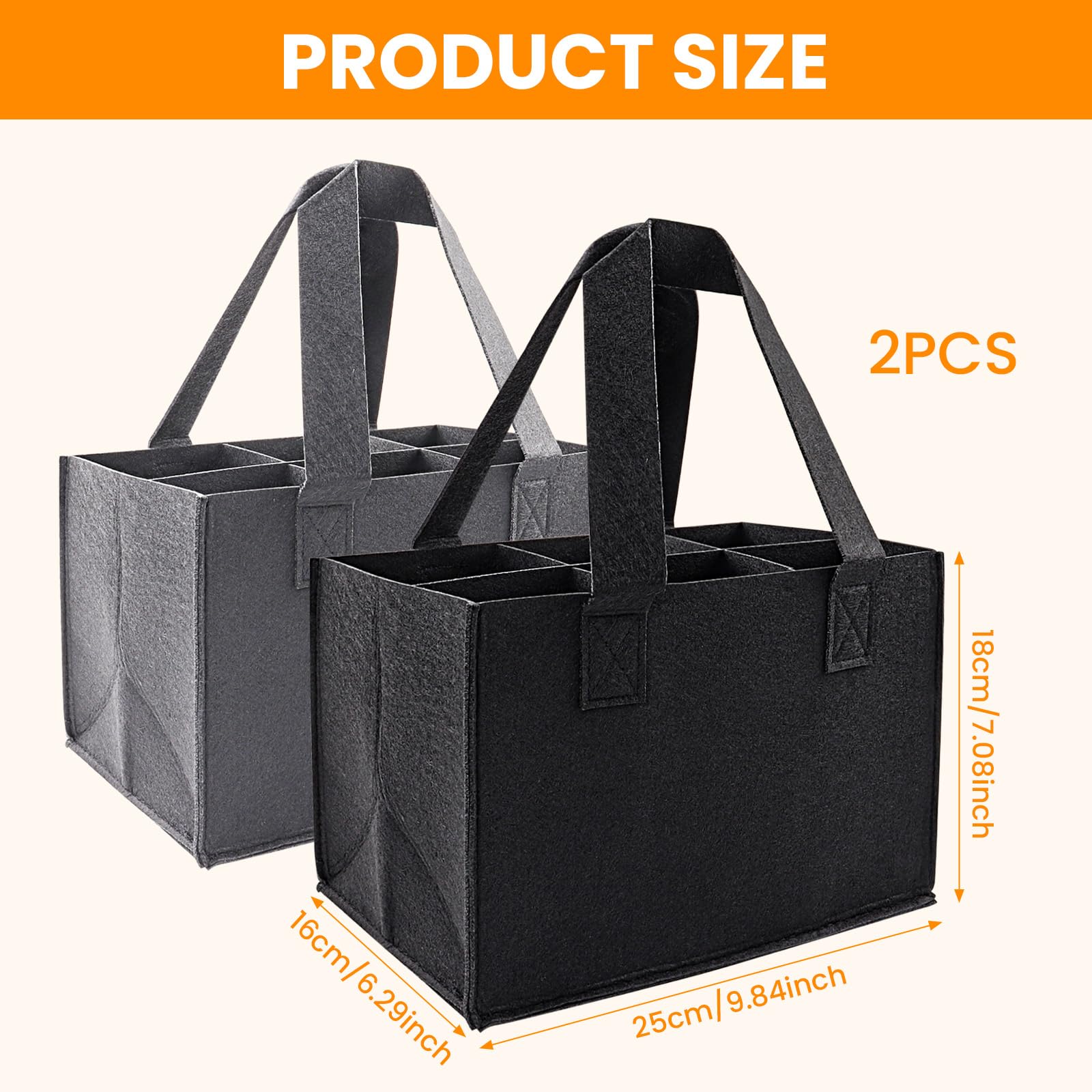 NICKLIN 2Pcs Wine Bottle Bag 6 Compartment Reusable Felt Bottle Carrier,Beer Tote Bag Portable Bottle Wine Tote Carrier with Divider for Travel Picnic Barbecue Party - Image 4