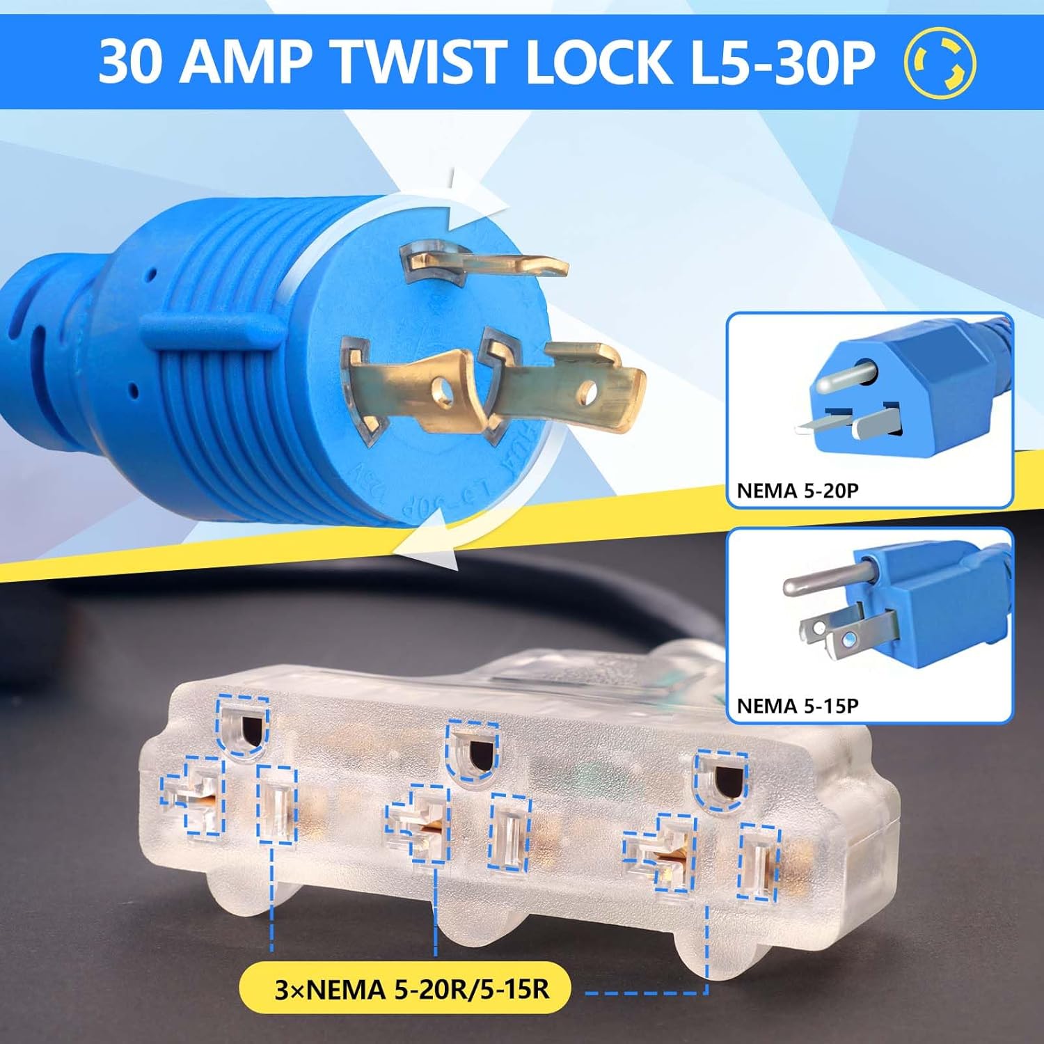 30 Amp to 110 Adapter, 25FT Locking 30 Amp Generator Cord with Circuit Breaker, NEMA L5-30P Male to 3X 5-20 Female, 12/3 Guage 3 Outlet Adapter, ETL Listed Generator Adapter Cord