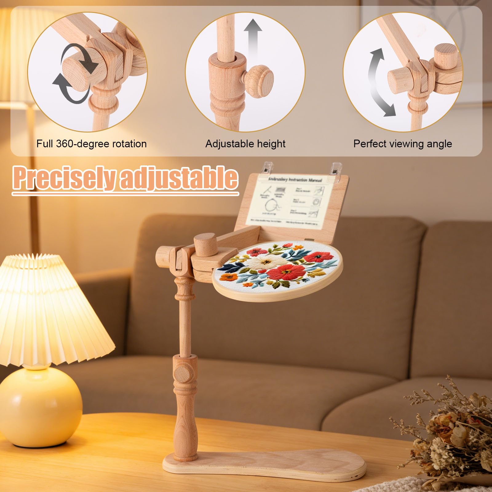 Supporto Telaio Ricamo Legno, Supporto Regolabile 360° Rotante per Telaio Ricamo Senza Mani per Struttura Seduta/Grembo Punto Croce Arazzo Progetti