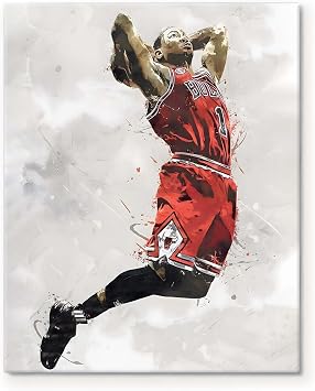 Sunwes Derrick Rose Dunk Canvas Wall Art Chicago Bulls Action Basketball Poster, Dynamic Sports Decor for Gym or Room, 11x14 Inch