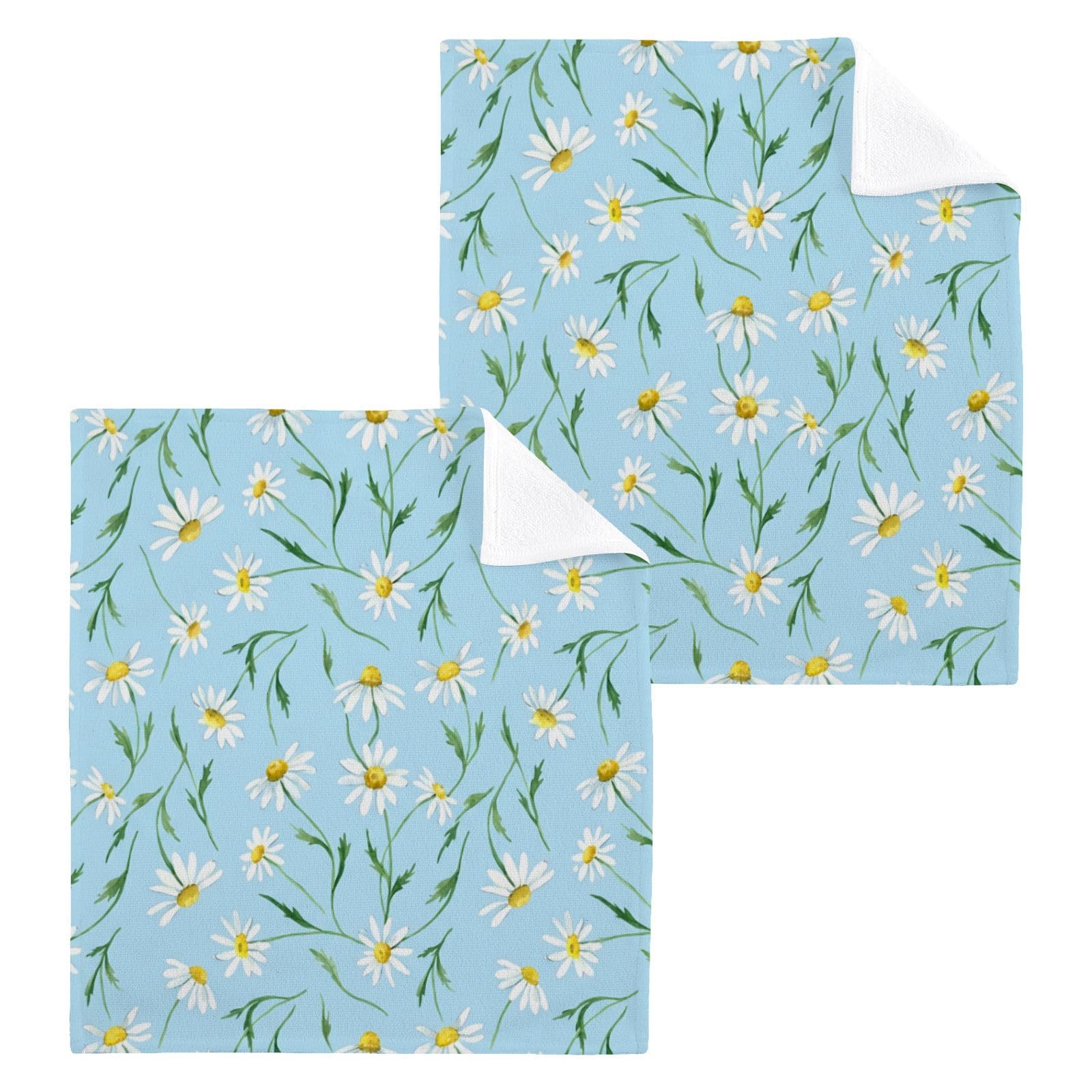 BOESI Light Blue Daisy Pattern 12x12in Cotton Washcloth,Face Towel
