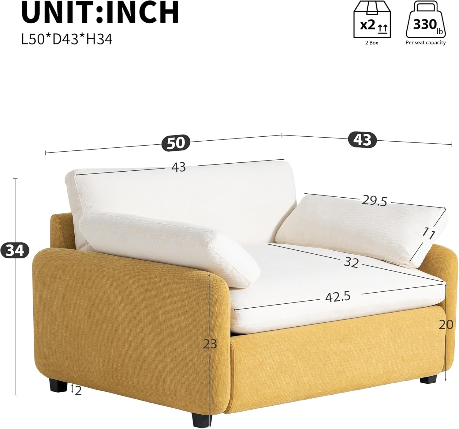 Merax Oversized Single Sofa Chair with Wide and Deep Seat, Yellow Chenille Accent Chair with Color Blocking, Modern Upholstered Comfy Armchair with Pillows for Living Room, Apartment and Bedroom