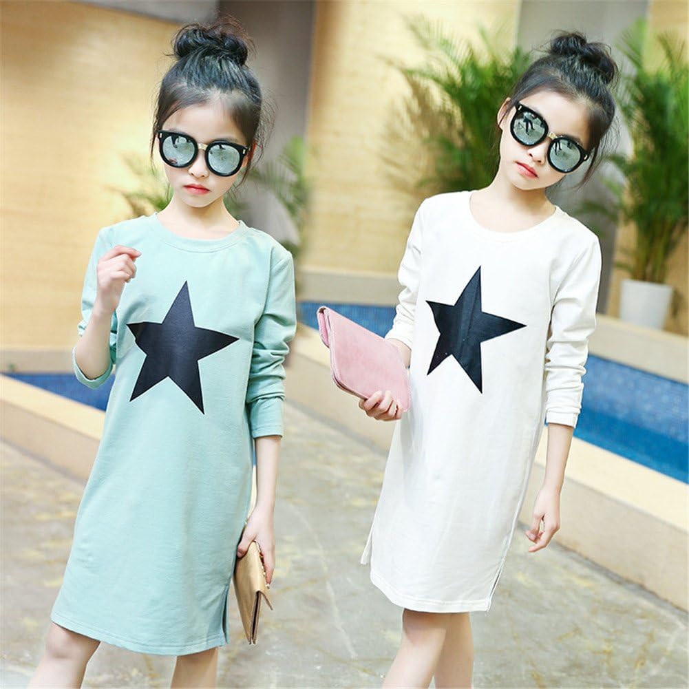 FTSUCQ Girls Long Sleeve Star Pullover Sweatshirt Shirt Dress