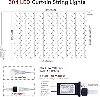 Vista 6 de HEYFUNi luces de cortina LED 304 para exterior, 3 m*3 m de luces colgantes con enchufe y 8 modos, luces de hadas para cortina conectables