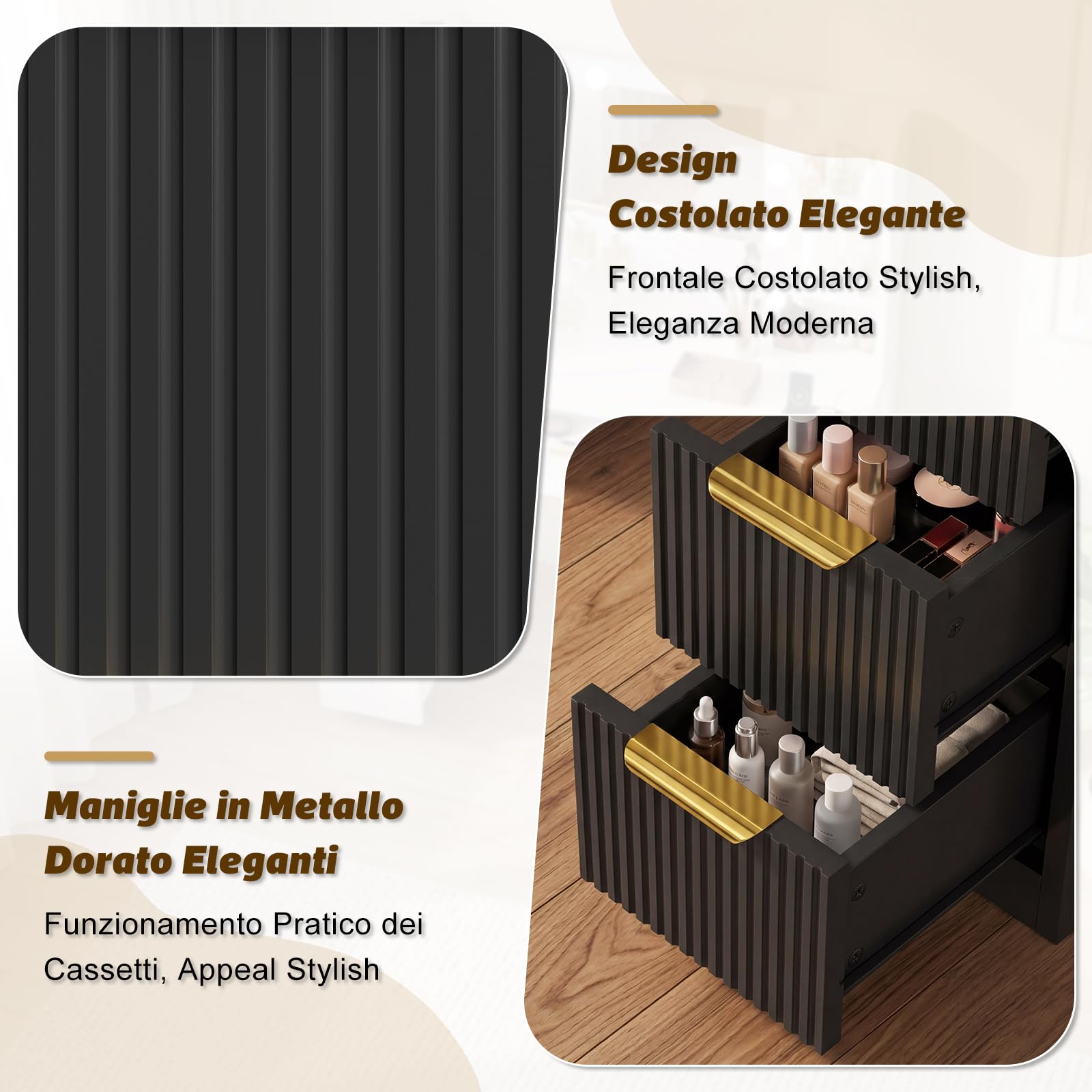 Devoko Mobile da Trucco Moderno con Illuminazione e Presa - Grande Comodino con Specchio, 9 Cassetti e Porta Phon, Tavolo Vanity per il Make-up (Nero)