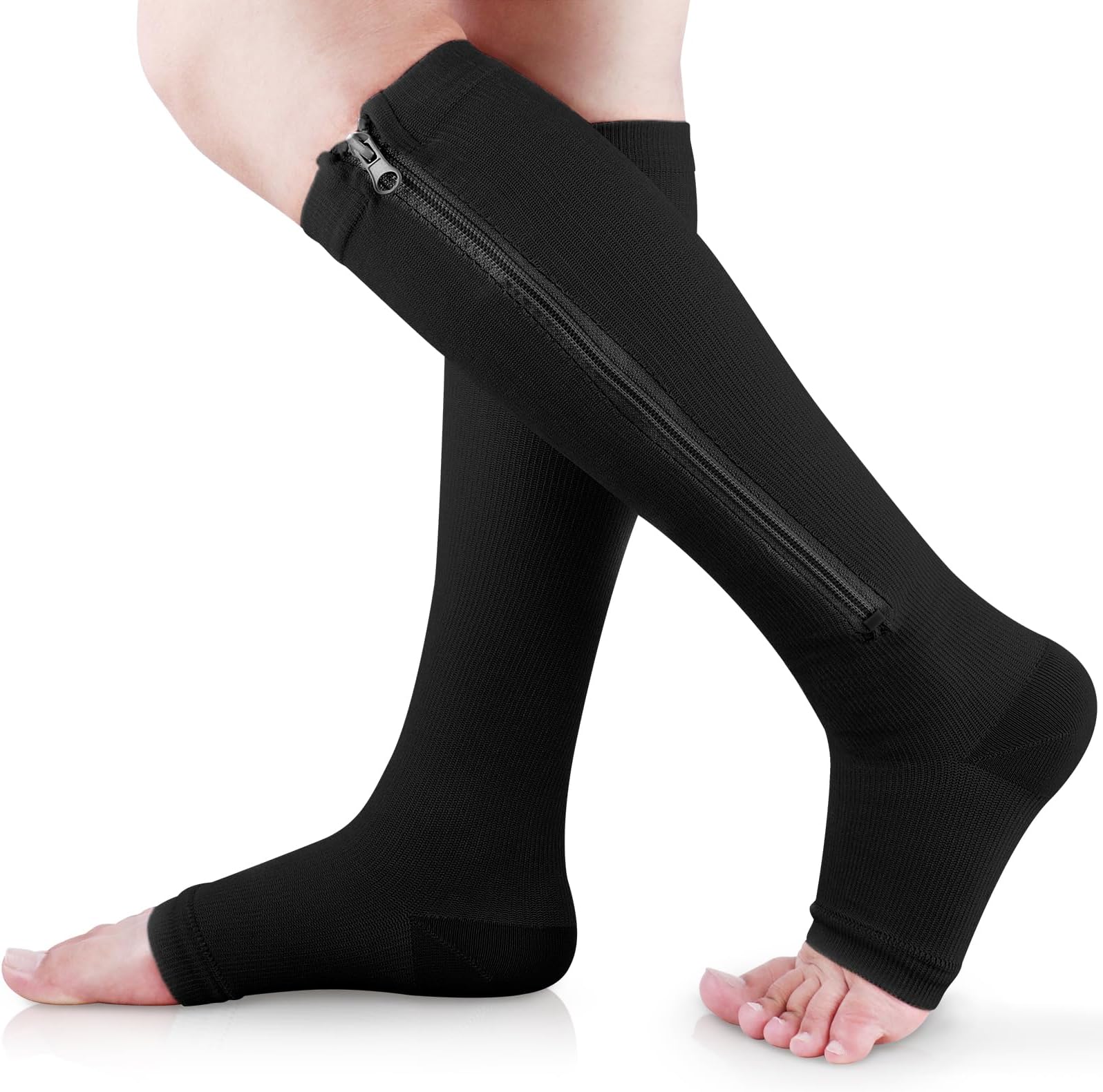 Ailaka Zipper 15-20 mmHg Compression Socks for Women Men, Knee High Open Toe Support Graduated Medical Varicose Veins Hosiery for Edema, Swollen, Pregnancy, Recovery (1 Pair)