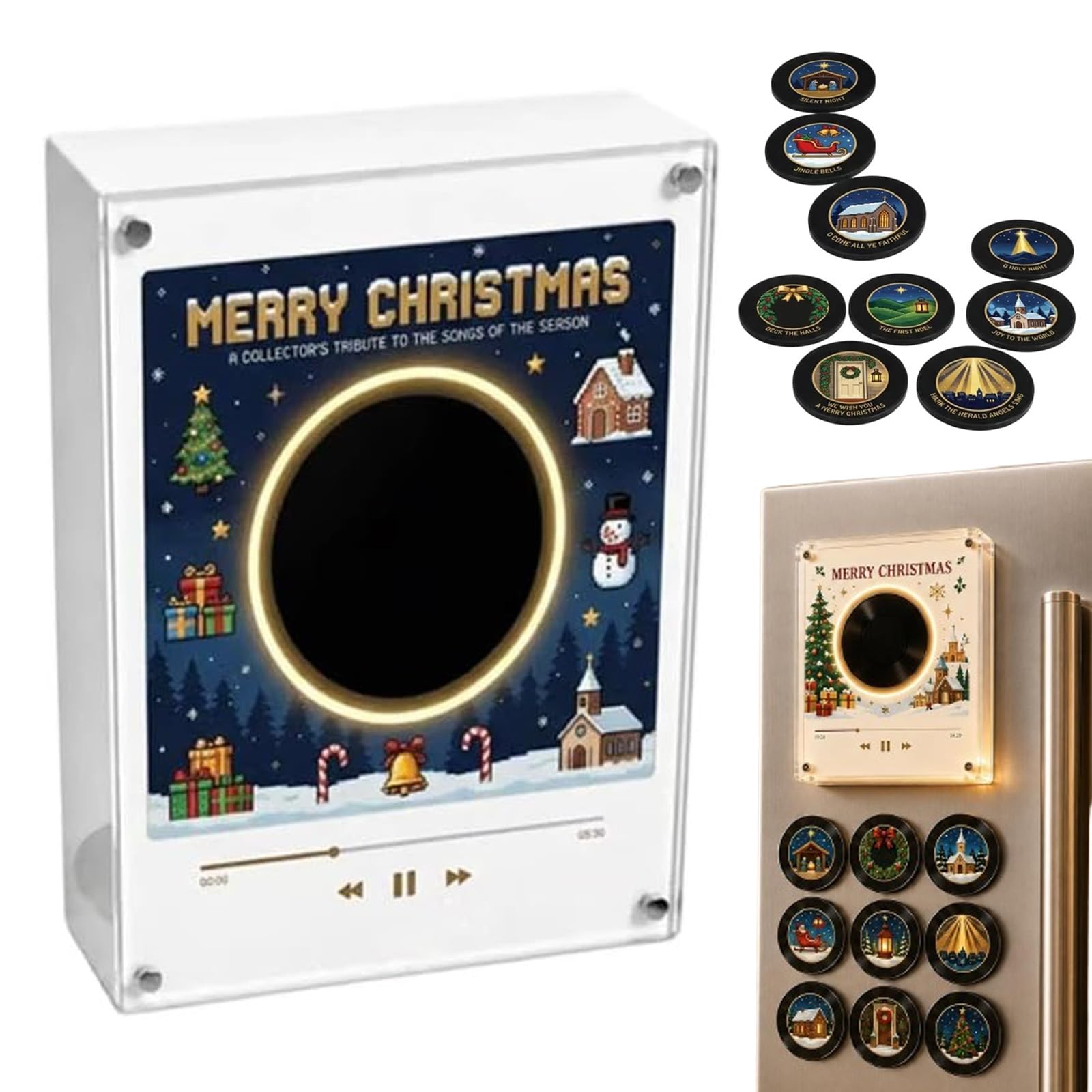 Magnetische Kühlschrank-Vinyl-Spieluhr Weihnachten, 9 Mini-Vinylscheiben