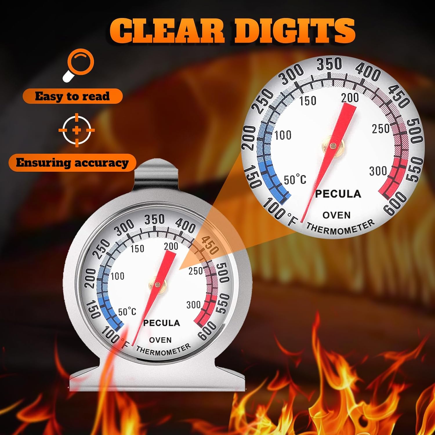 Stainless Steel Oven Thermometer 50-300°C/100-600°F, Analog Instant Read, Battery-Free Kitchen Cooking Thermometer, Hook & Stand Design Food Thermometer for Oven, Grill, Smoker, Fryer