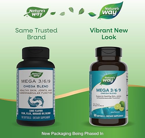 Miniatura 2 de Nature's Way MEGA 369 Omega Blend, sin OMG, pescado  Lino  Borraja  Aceites, sabor a lima, 90 unidades