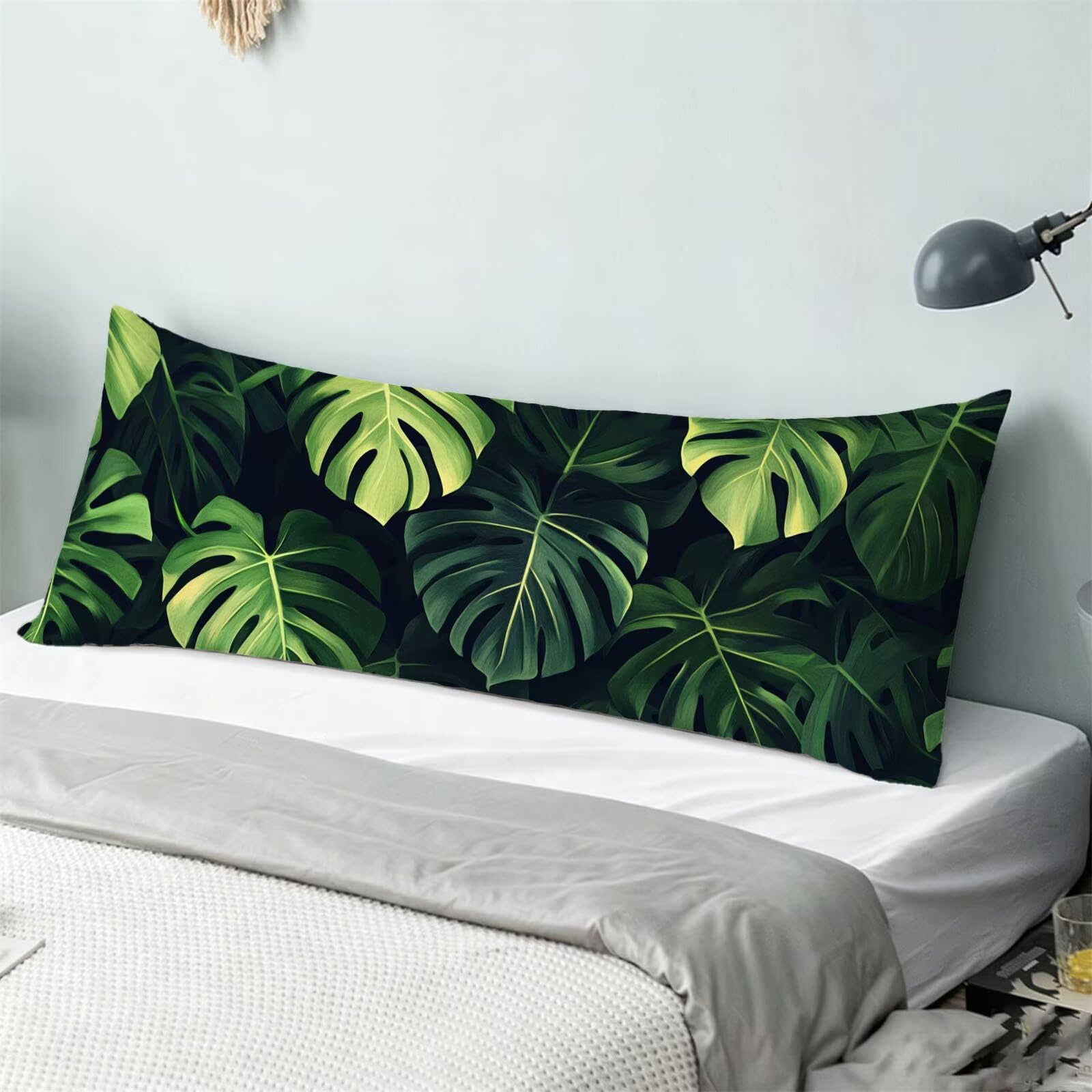 Funda de Almohada 60 x 180 cm Verde Protector Almohada 180 cm con Cremallera Invisible, Lino Durable y Transpirable Pillow Case Largas Hoja Impresión a Doble Cara para Cama, Sofá y Dormitorio dg-89