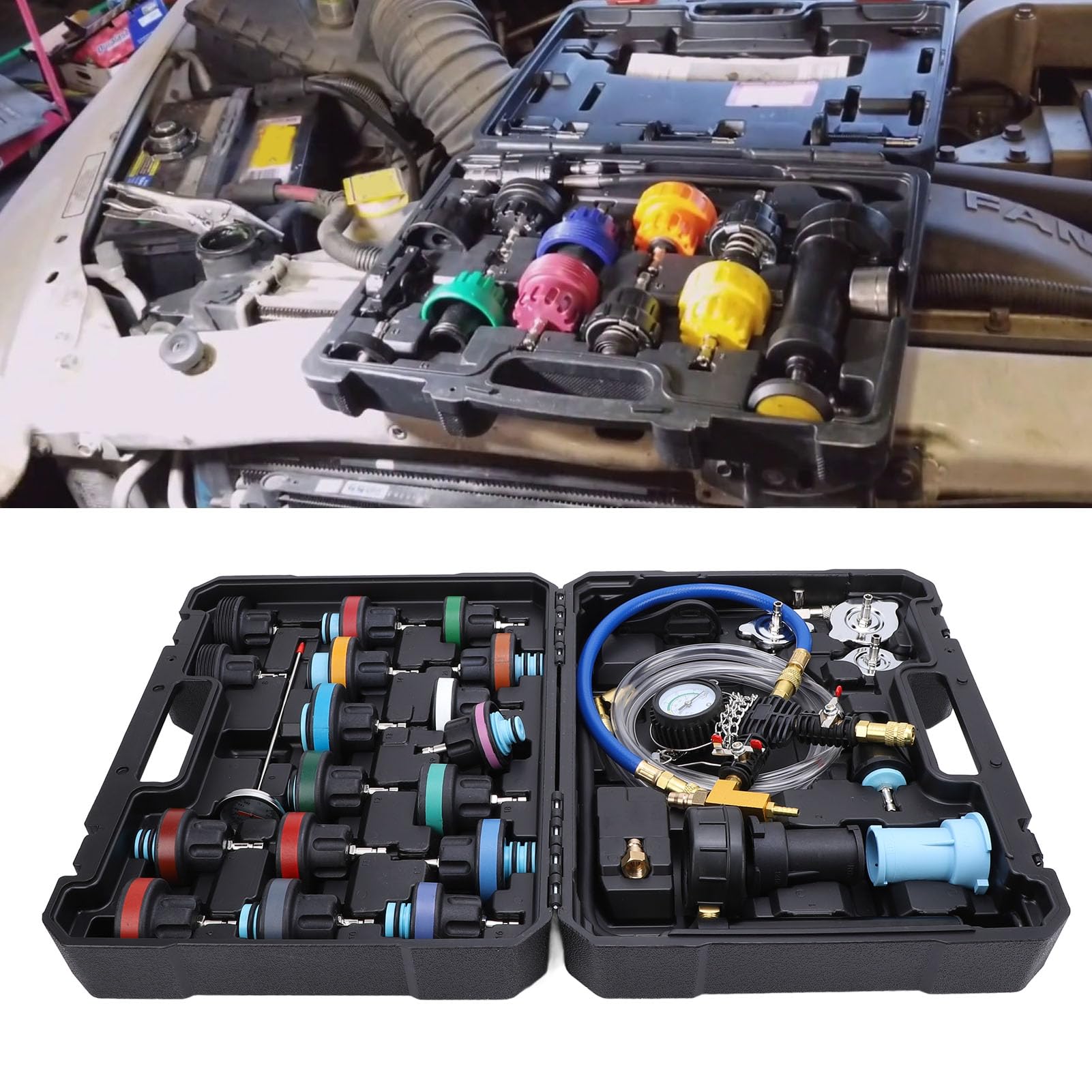 aqxreight 28PCS Radiator Pressure Test Pump, Vacuum Refiller Kit with Upgraded Metal Valve, Universal Compatibility for Most Vehicles, Easy Storage, Troubleshooting Thermometer