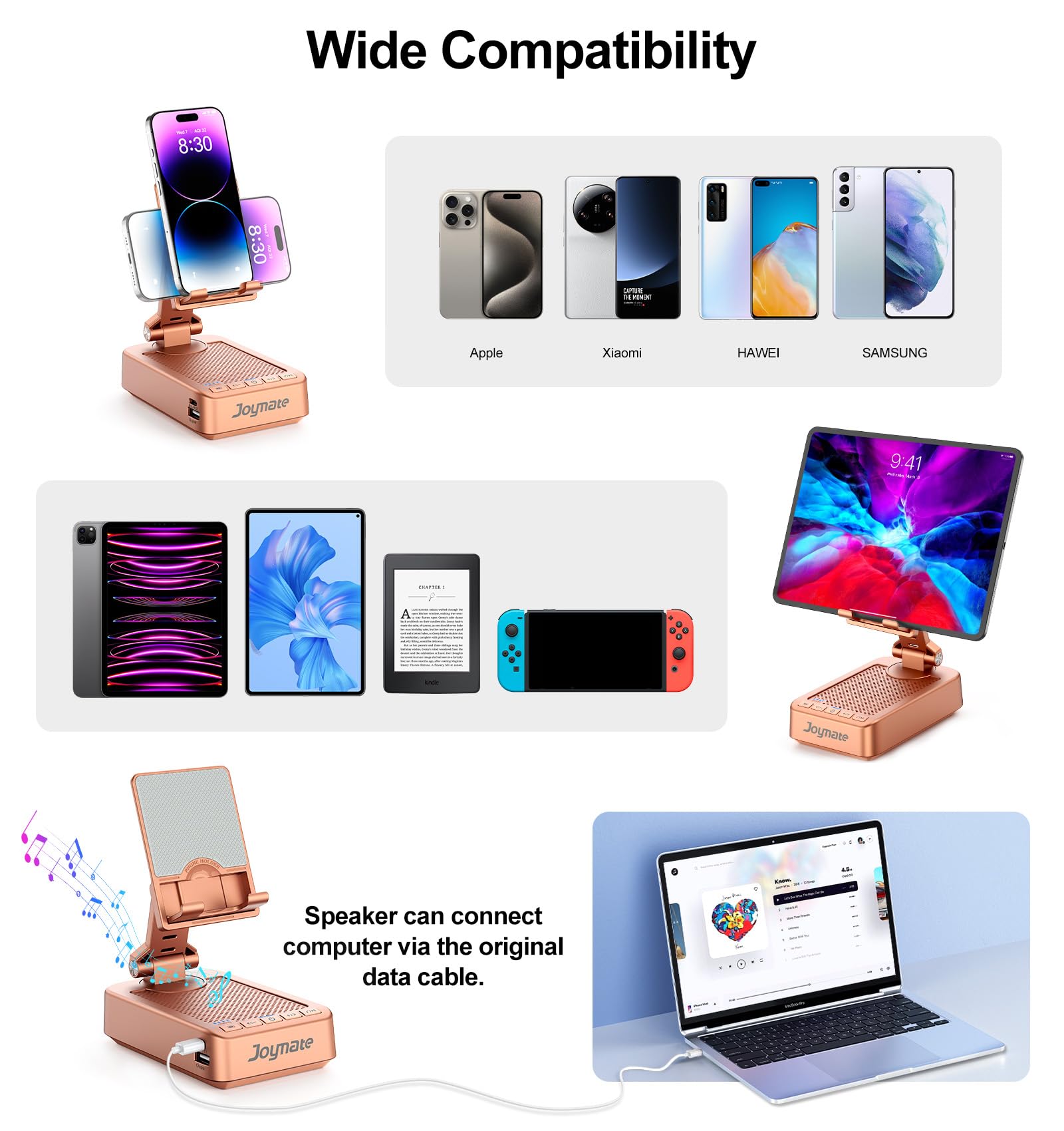 Supporto per telefono cellulare con funzione di ricarica, girevole a 360°, regolabile, con suono surround HD, per scrivania, adatto a tutti i telefoni e tablet (oro rosa)