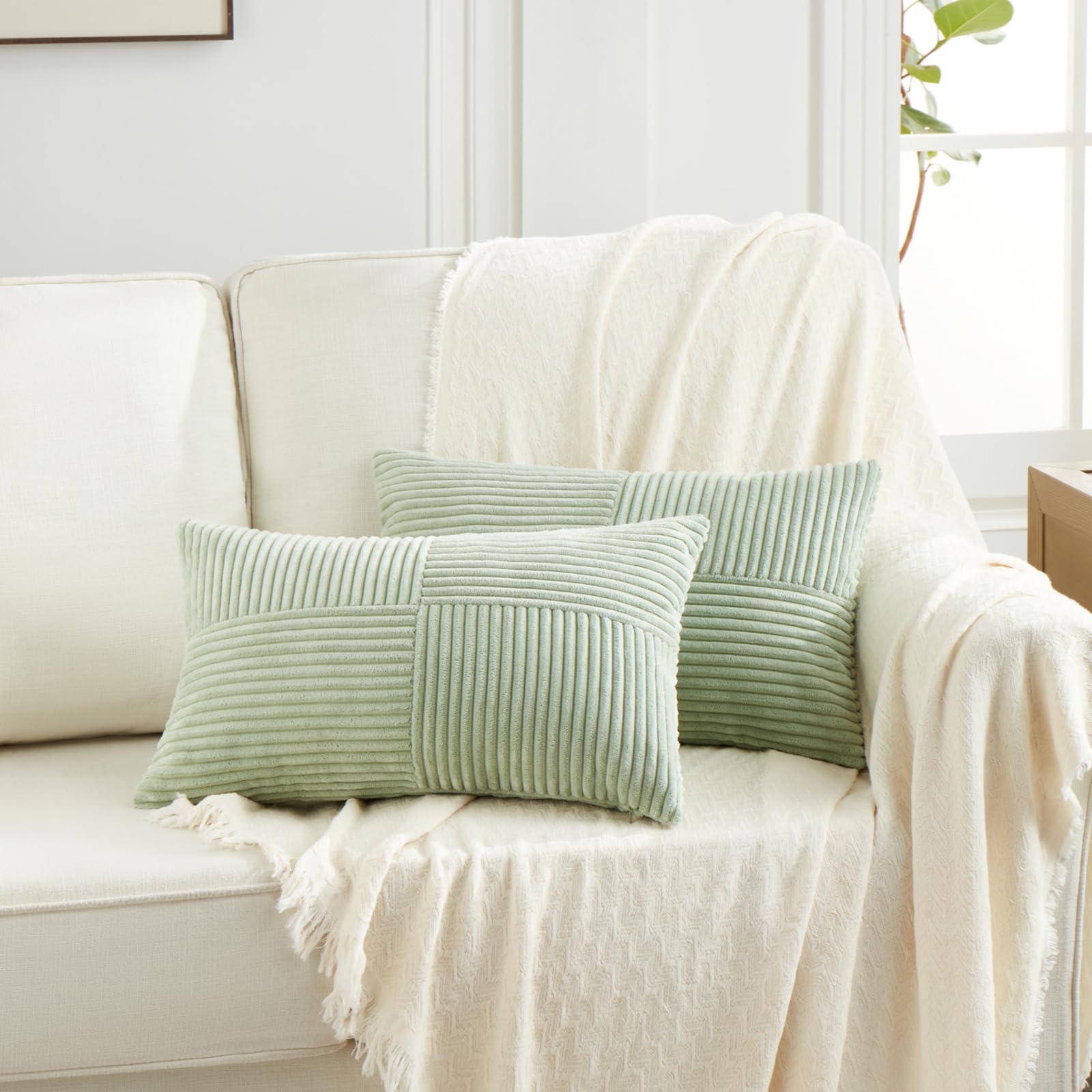 FDTERN Decorative Throw Pillow Covers 12 x 16 Inch for Living Room Couch Bed, Rustic Farmhouse Boho Home Decor, Soft Striped Corduroy Accent Cushion Covers, 30 x 40 cm (Pack of 2), Sage Green โ image 1