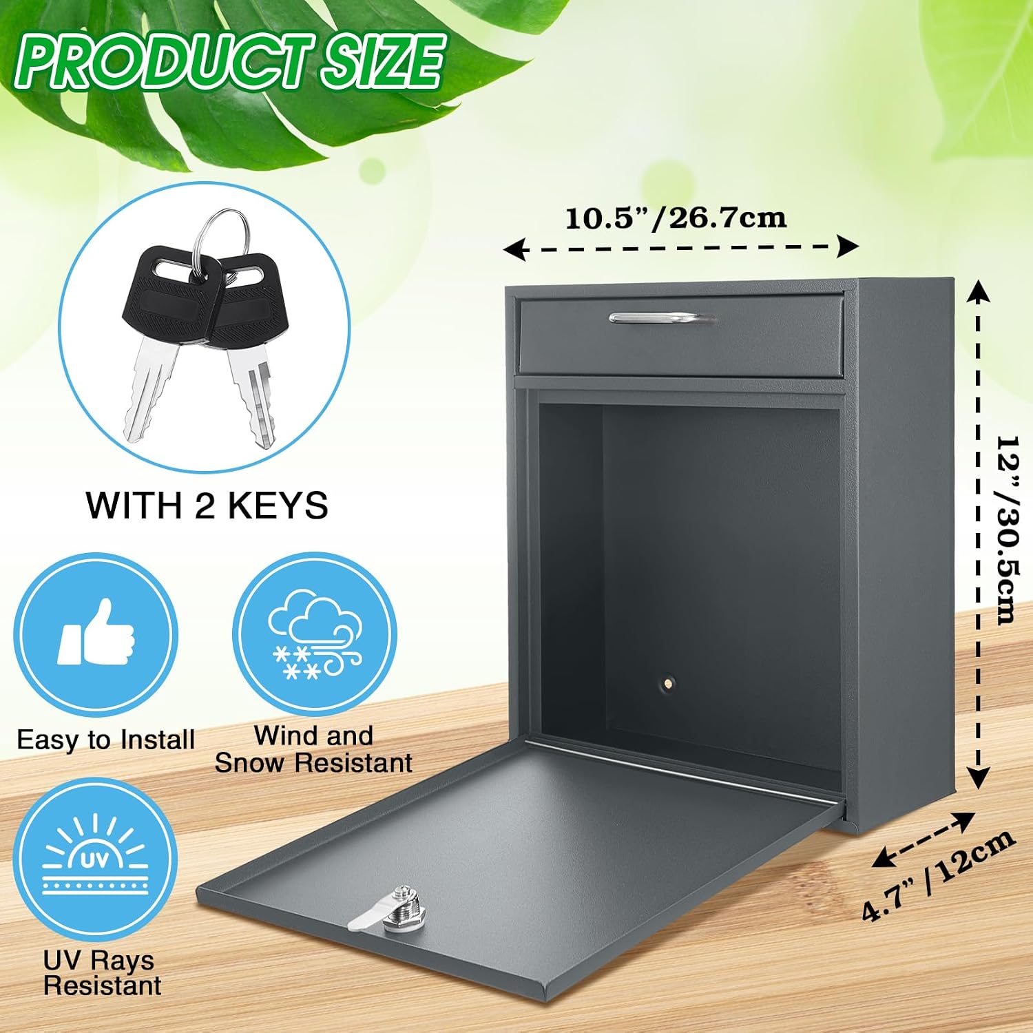 Yaocom Locking Mailbox with Key for Outdoor 12 x 10.5 x 4.7 Inches Large Wall Mount Mail Box with Lock Security Mail Drop Metal Collection Boxes Hanging Secure Postbox(Dark Gray)