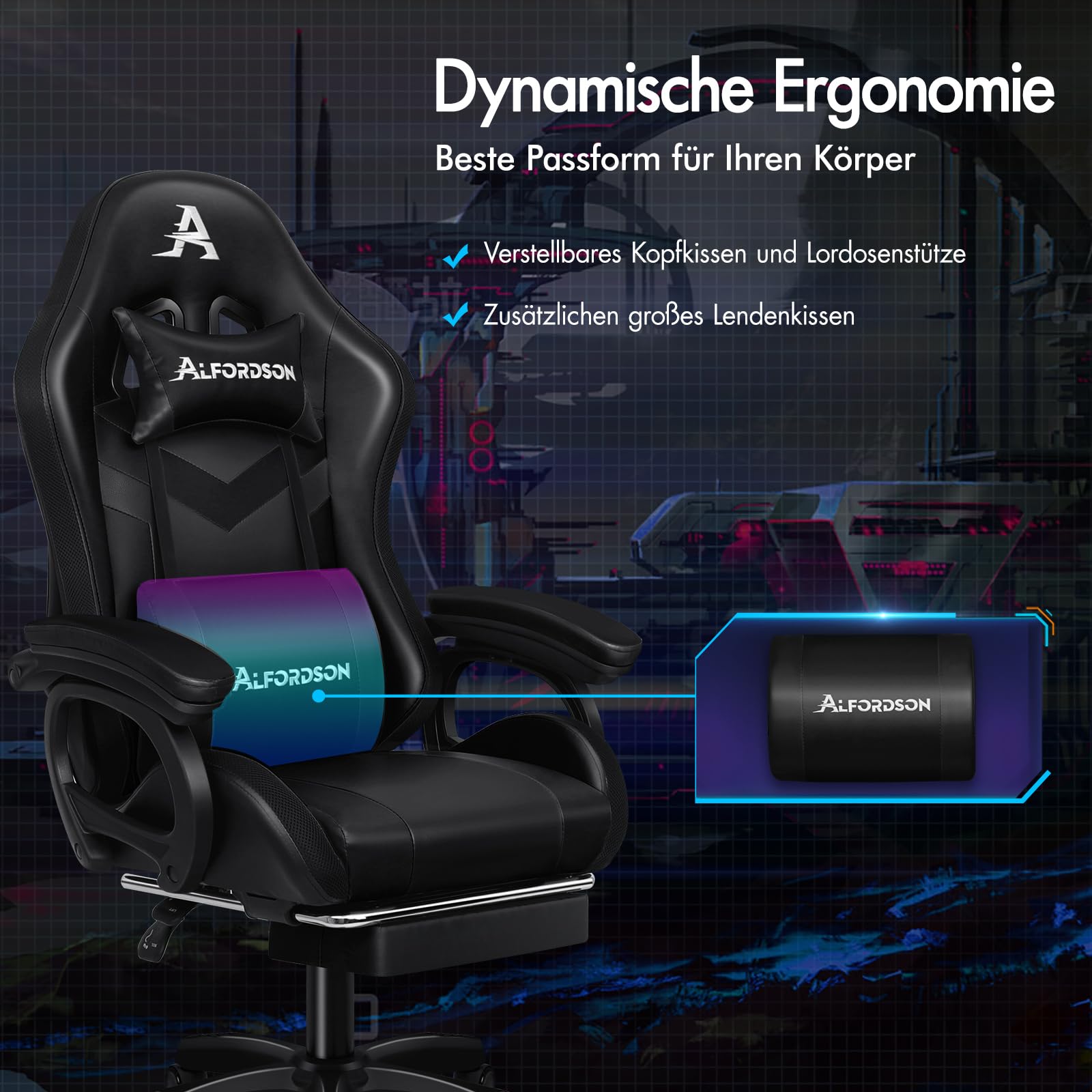ALFORDSON Gaming Stuhl Gamer Stühle RGB LED Racing Gamer-Stuhl PC-Gaming-Sessel Massage Bürostuhl ergonomisch Fußstützen, Schreibtischstuhl, Neigungswinkel 90-150°,180 kg belastbar, Schwarz
