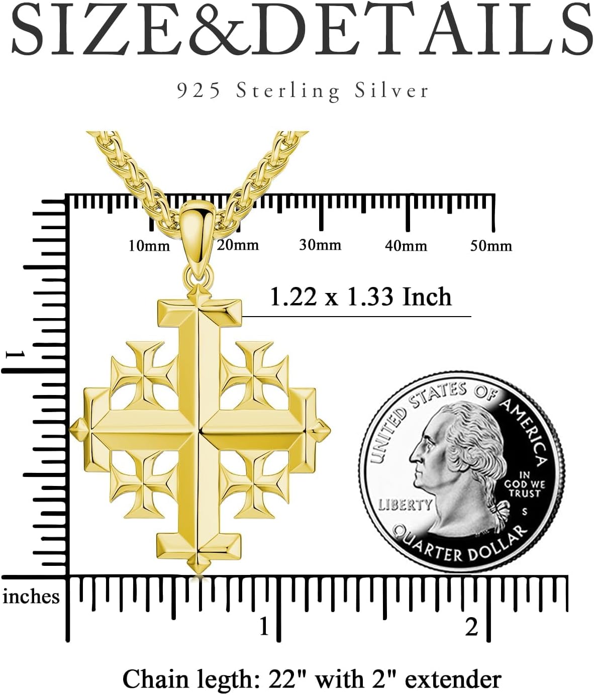 Jerusalem Cross Necklace 925 Sterling Silver Christian Jewelry for Men, w/Stainless Steel Chain 22 + 2 Inch - Image 2