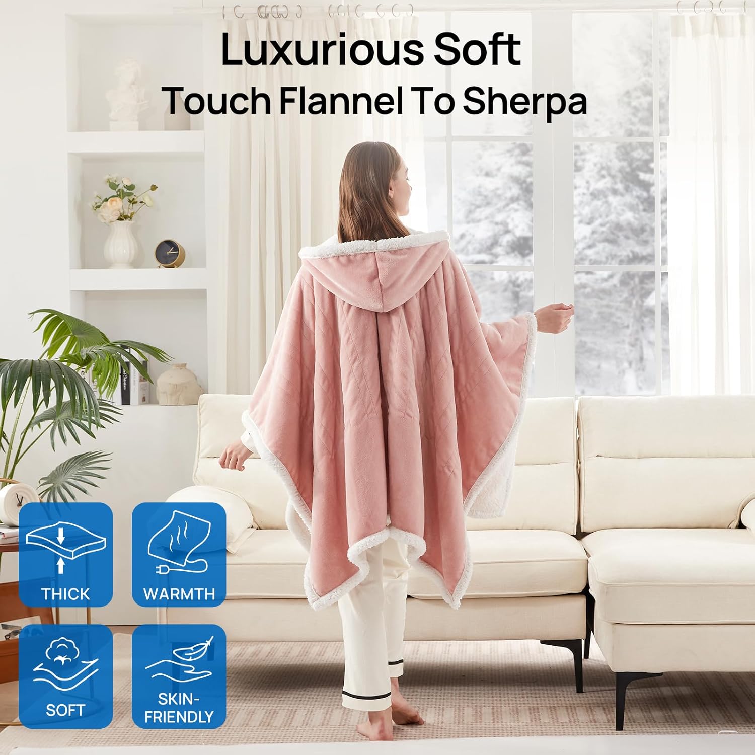 Westinghouse Wearable Heated Throw Blanket, Electric Heated Wrap Poncho Shawl with Pockets, 6 Heating Levels & 2 to 10 Hours Time Settings, 50 x 60 Inch, Pink - Image 6