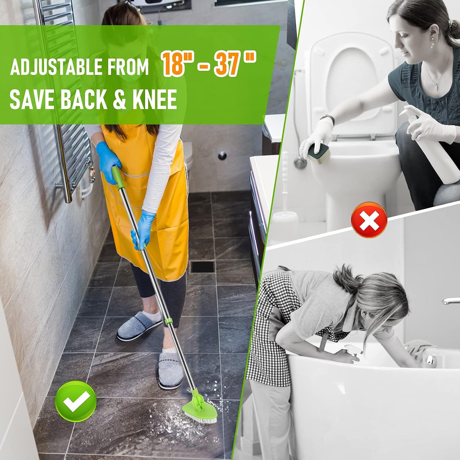 Scrub Cleaning Brush with Long Handle 35' '- 2 in 1 Extendable Floor Brush Tub & Tile Scrubber Brush Sponge with 3 Sponge Brush & 1 Stiff Bristles,Adjustable Kitchen Brush for Bathtub Shower Bathroom