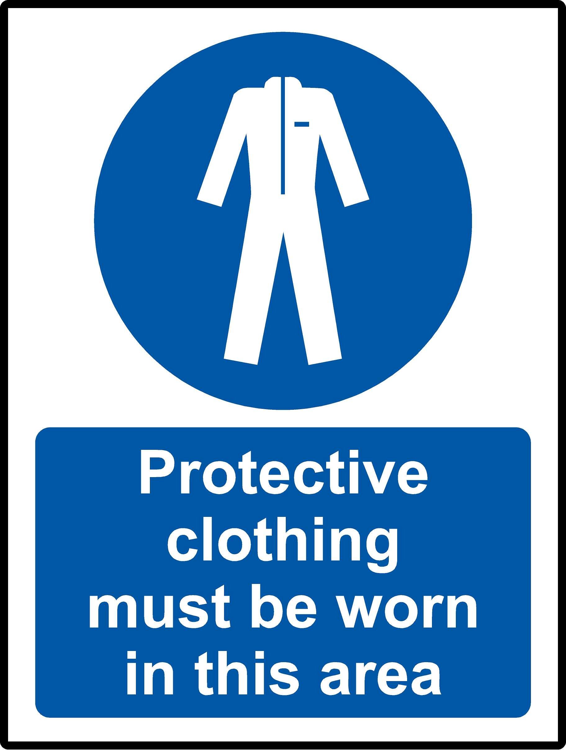 Mandatory signs protective clothing must be worn in the area Safety sign - 1.2mm Rigid plastic 200mm x 150mm
