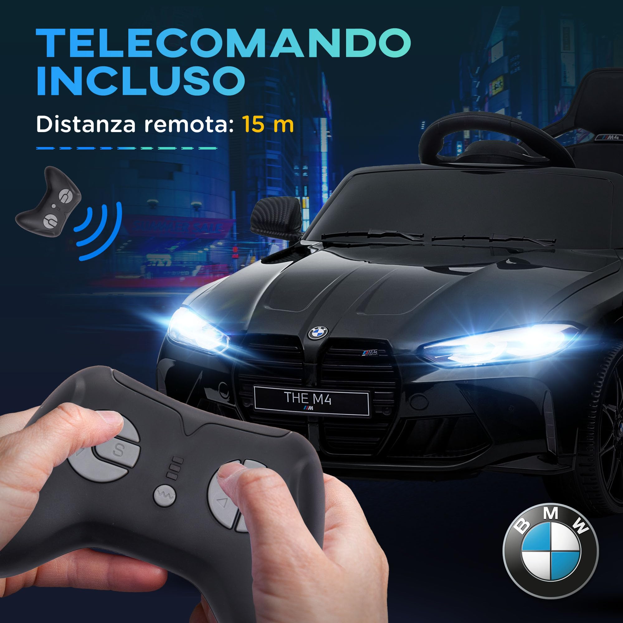 AIYAPLAY Macchina Elettrica per Bambini 12V Licenza BMW M4, 2 Motori Nera | Auto Elettrica per Bambini, Sospensione, Telecomando 2.4G, Clacson e Fari, 3-5km/h, Portata Max 30kg