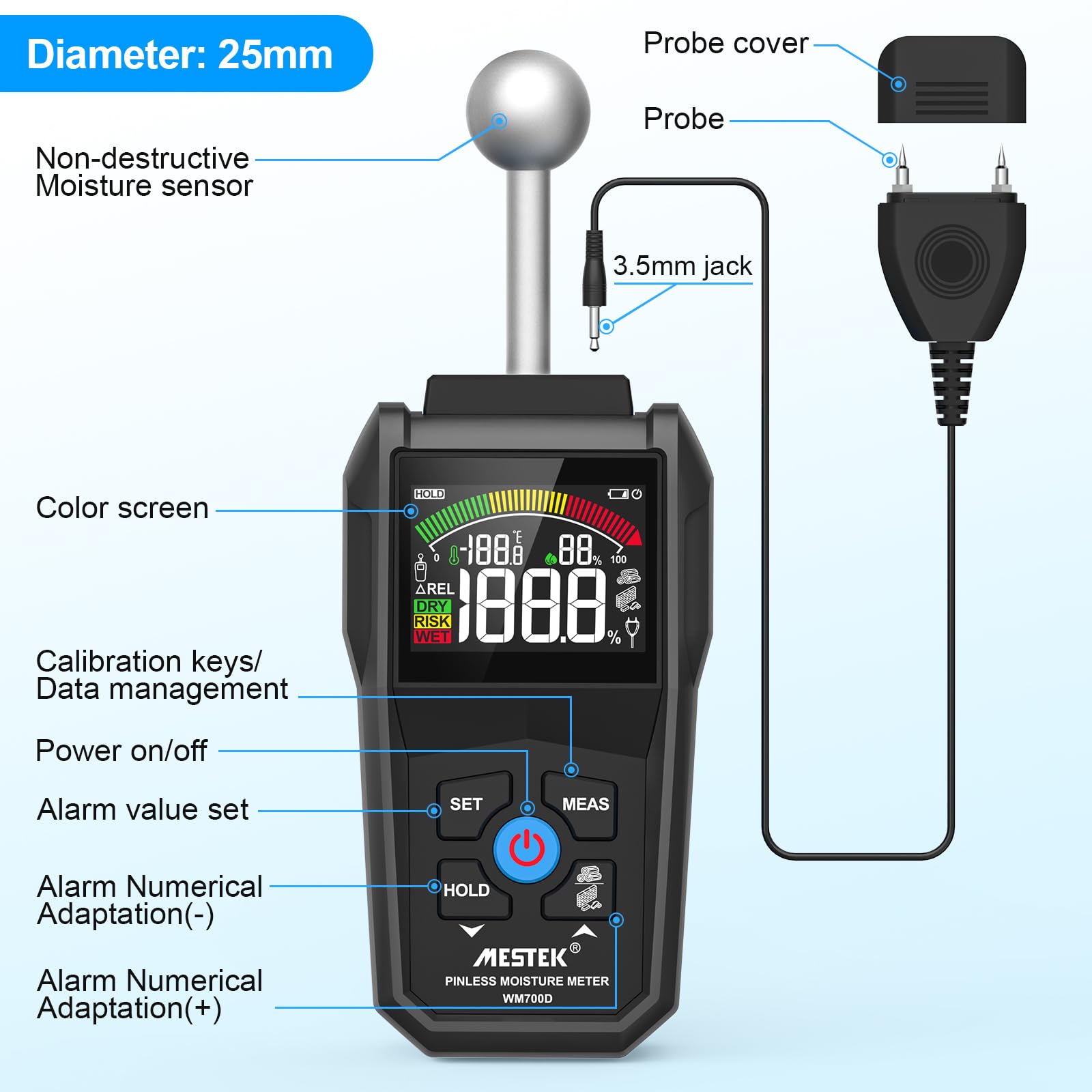 Misuratore di Umidità, MESTEK Igrometro,2 in 1 Misuratore Umidità Muri con LCD a Colori e Allarme Acustico, Profondità di Analisi 20-40 mm,per Legni, Parete, Pavimenti, Legno, Gesso