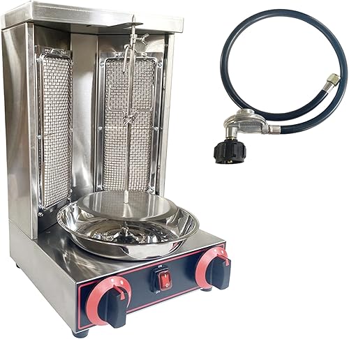 Máquina de parrilla de gas Kebab vertical Gyro Griller Parrilla de acero inoxidable Horno giratorio con 2 quemadores Temperatura controlable 110V