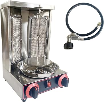 Gas Grill Machine Vertical Kebab Gyro Griller Stainless Steel Grill Rotating Oven with 2pcs Burners Temperature Controllable 110V Meat Roasting Machine for Commercial and Home Use