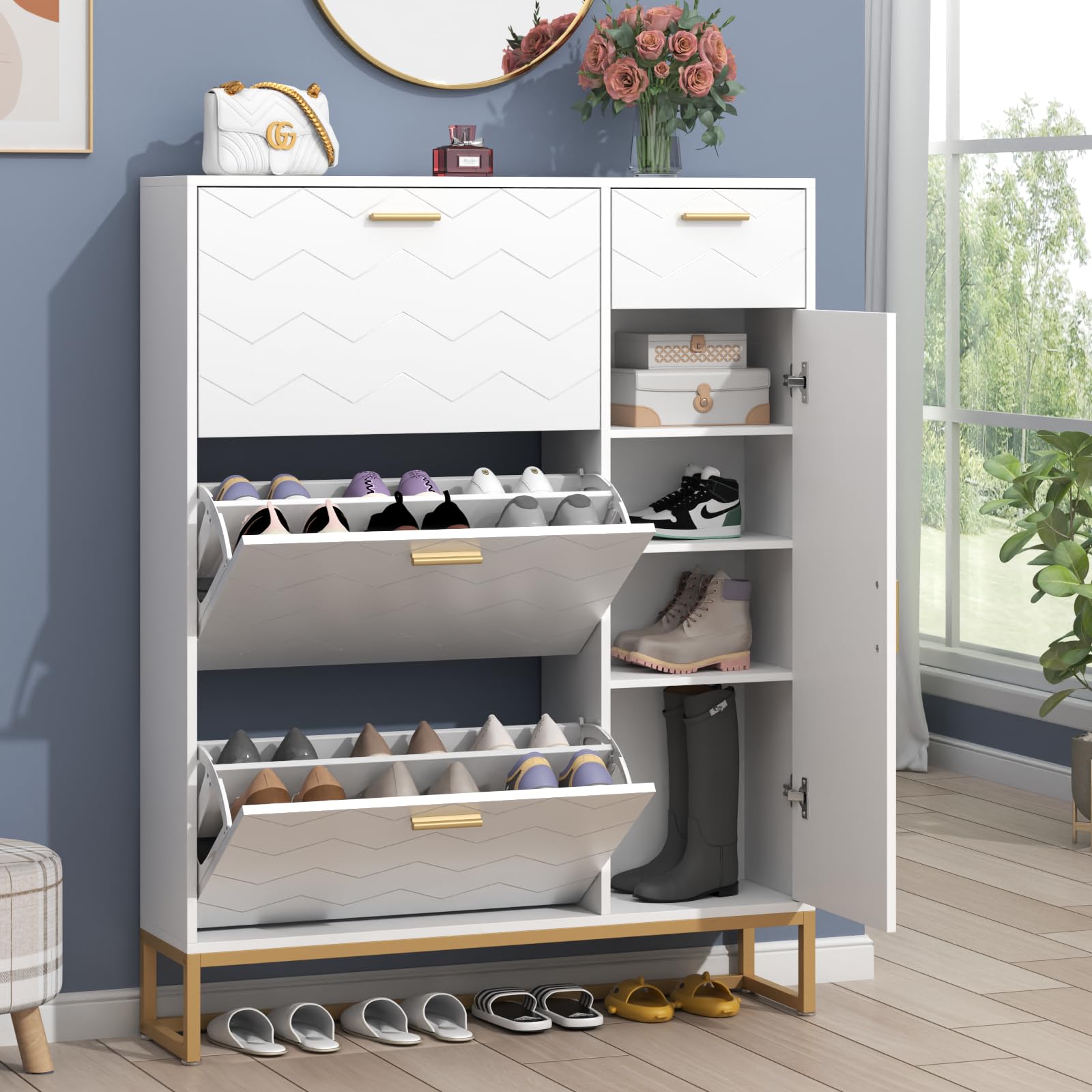 Shoe Cabinet With Flip Drawers, PU Padded Shoe Storage Bench