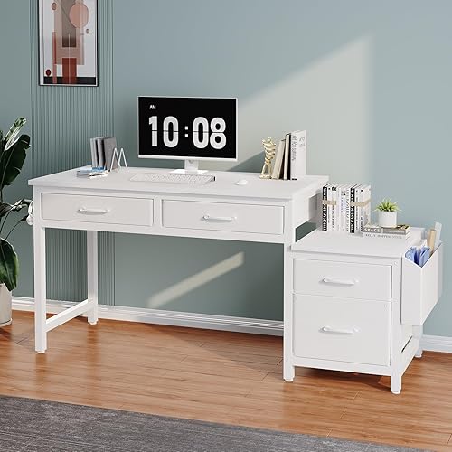 Miniatura 4 de Lufeiya Escritorio blanco para computadora con cajones de archivos, escritorios de oficina en casa de 40 pulgadas con archivador de tela, soporte de