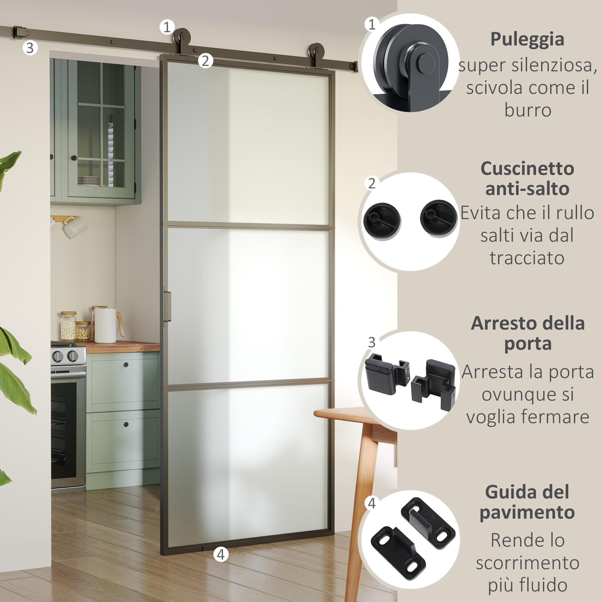 HOMCOM Kit Porta Scorrevole con Binari, Fermi e Guide, Kit per Porte Scorrevoli in Acciaio al Carbonio, 200x40x0.6 cm, Nero