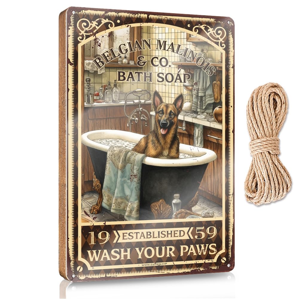 MAHQPZXSF Signs For Kitchen Belgian Malinois Bath Soap Wash Your Paws Wooden Sign Summer Gifts Fall Front Door Decor(23X35CM)