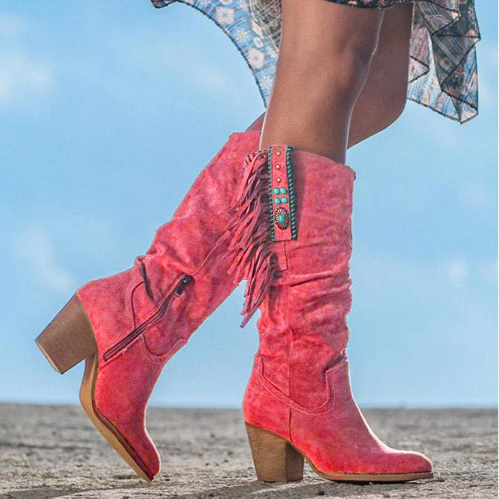 Botas de Invierno Mujer Botas de Rodilla Mujeres Chunky BootsPointy Zipper High Deep Side Heel Slouchy Mid Mujeres