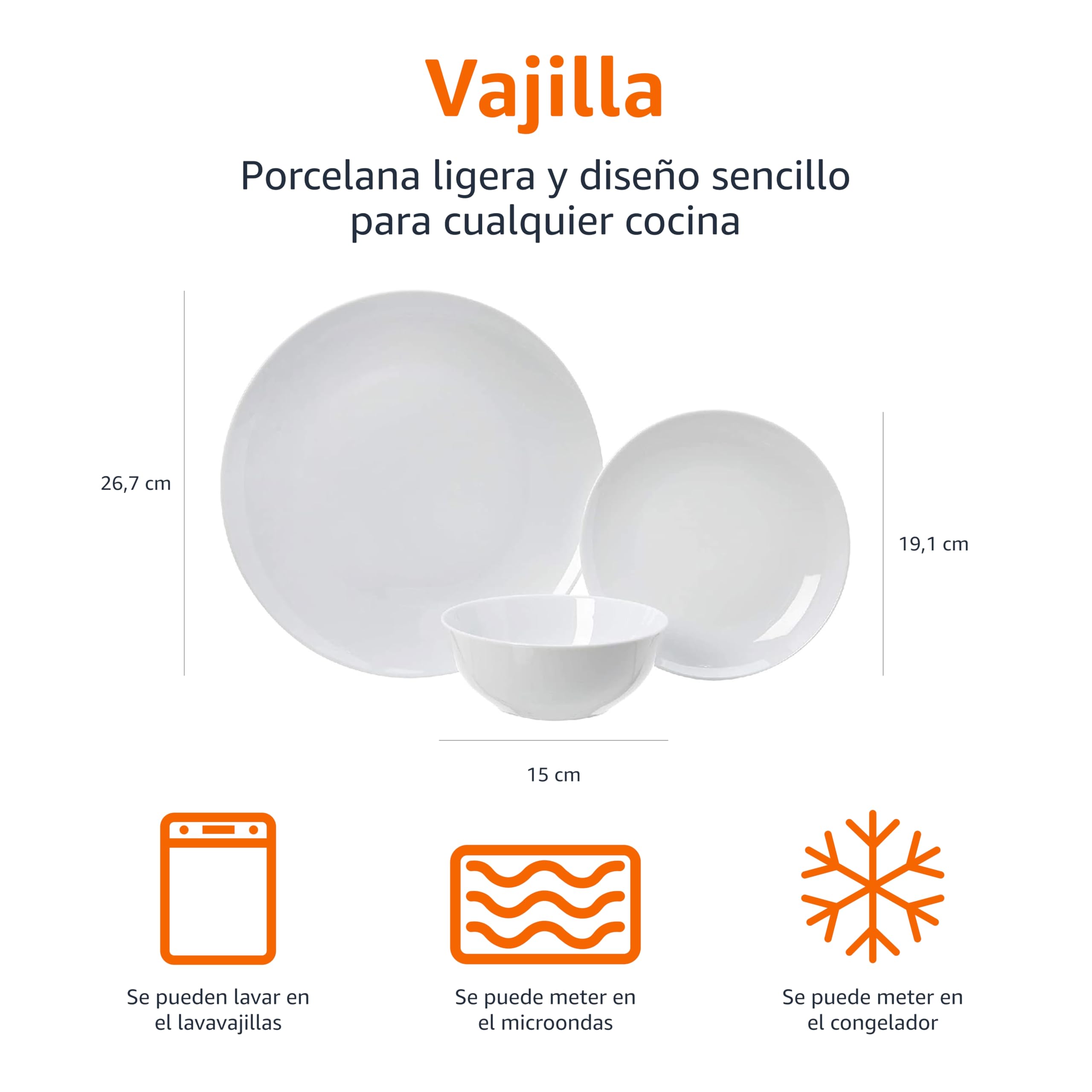Amazon Basics Vajilla, 6 servicios, Paquete de 18, Porcelana blanca lisa — view 9
