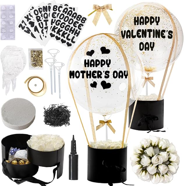 Surprise Balloon Gift Box for Men & Women. Happy Birthday, Mothers Day, Valentine's Day, Anniversary. Perfect Party Present Gifts Boxes with Greeting Letters and Mock Flowers